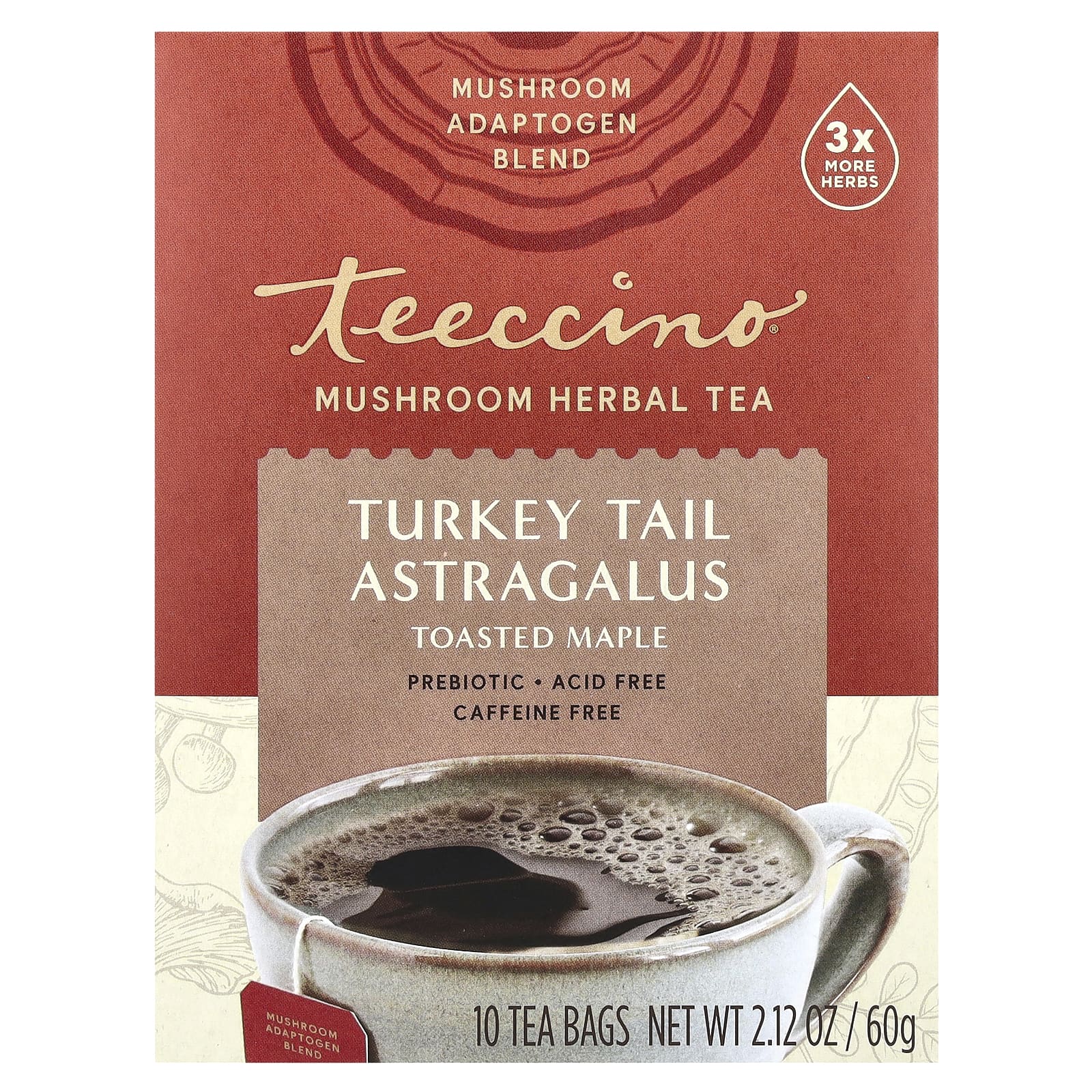 Teeccino, Mushroom Herbal Tea, Turkey Tail Astragalus, Toasted Maple, Caffeine Free, 10 Tea Bags, 2.12 oz (60 g) - Image 1