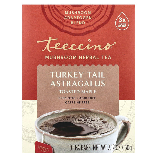 Teeccino, Mushroom Herbal Tea, Turkey Tail Astragalus, Toasted Maple, Caffeine Free, 10 Tea Bags, 2.12 oz (60 g) - Image 1