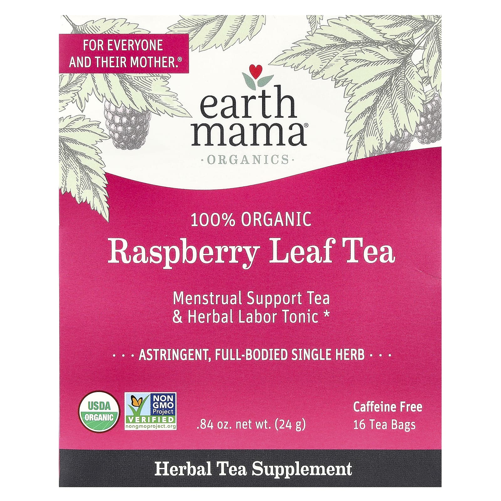 Earth Mama, 100% Organic Raspberry Leaf Tea, Caffeine Free, 16 Tea Bags, 0.84 oz (24 g)