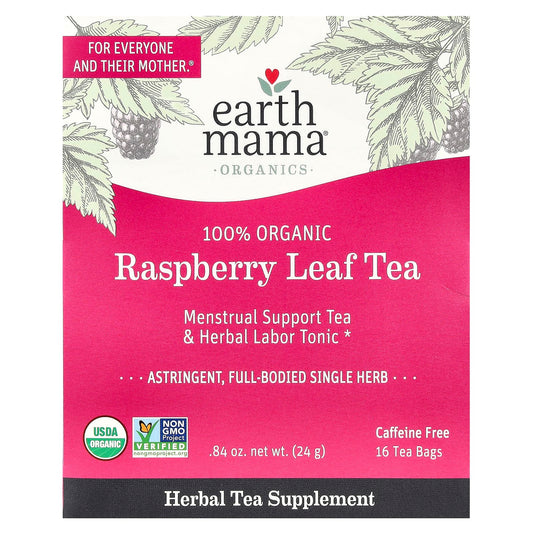 Earth Mama, 100% Organic Raspberry Leaf Tea, Caffeine Free, 16 Tea Bags, 0.84 oz (24 g)