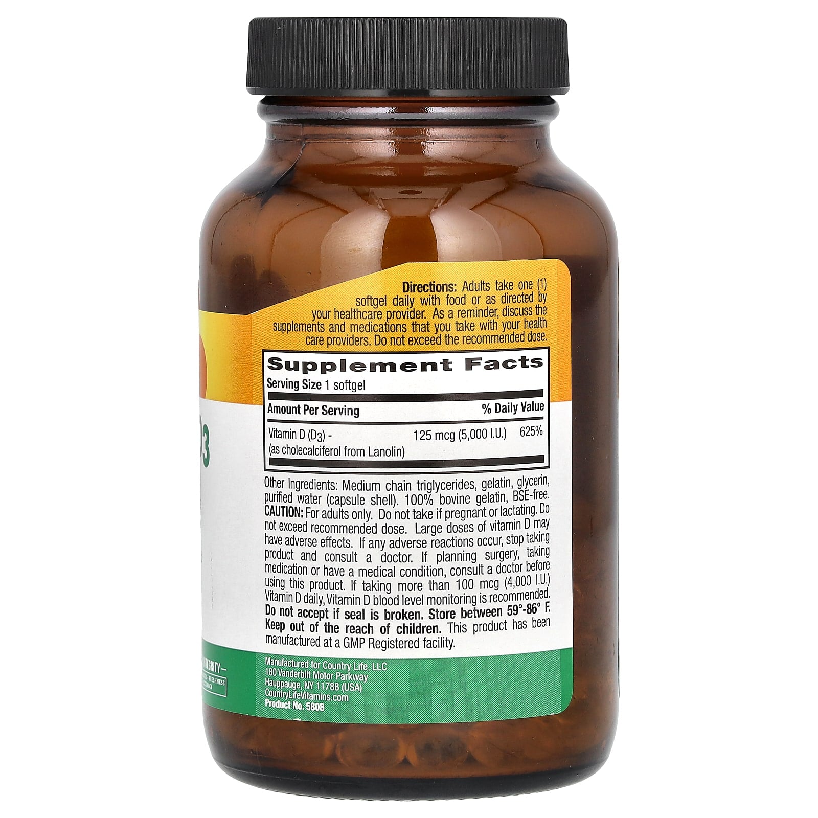 Country Life Vitamin D3 5,000 IU 200 Softgels for Bone Health - Image 2