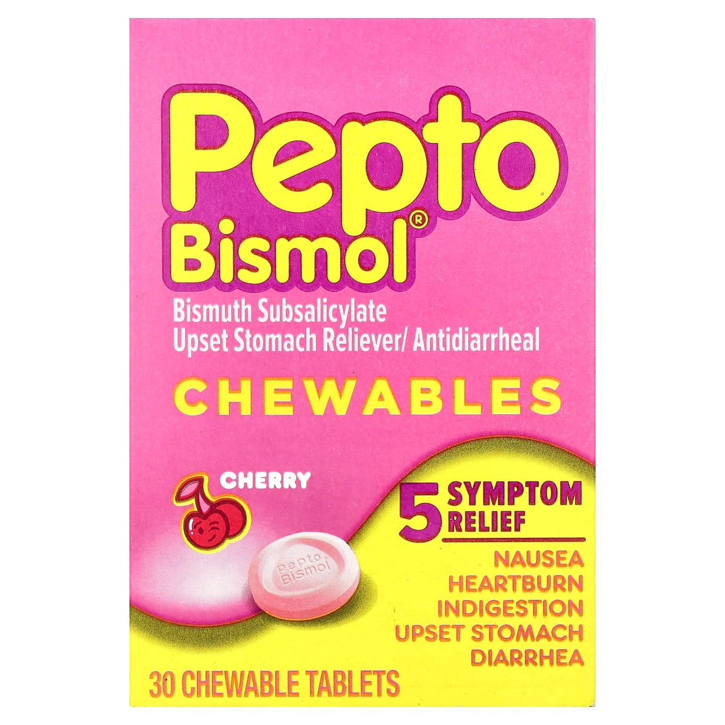 Pepto Bismol, Chewables, Cherry, 30 Chewable Tablets (131 mg per Tablet) - Image 1