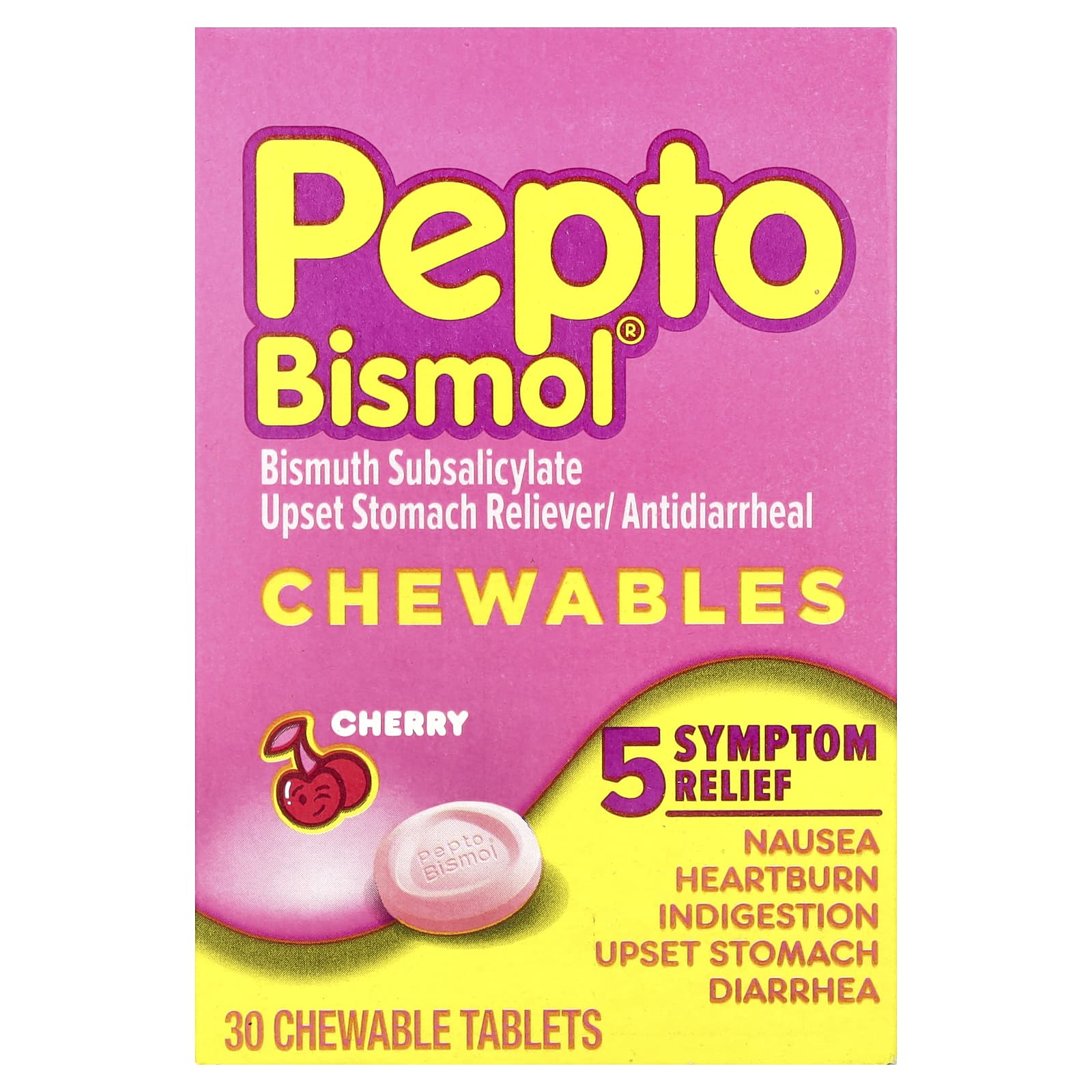 Pepto Bismol, Chewables, Cherry, 30 Chewable Tablets (131 mg per Tablet) - Image 1