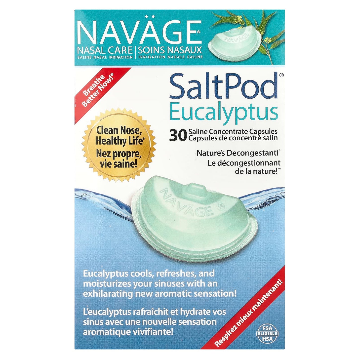 Navage, Nasal Care, Saline Nasal Irrigation, SaltPod® Eucalyptus, 30 Saline Concentrate Capsules - Image 1