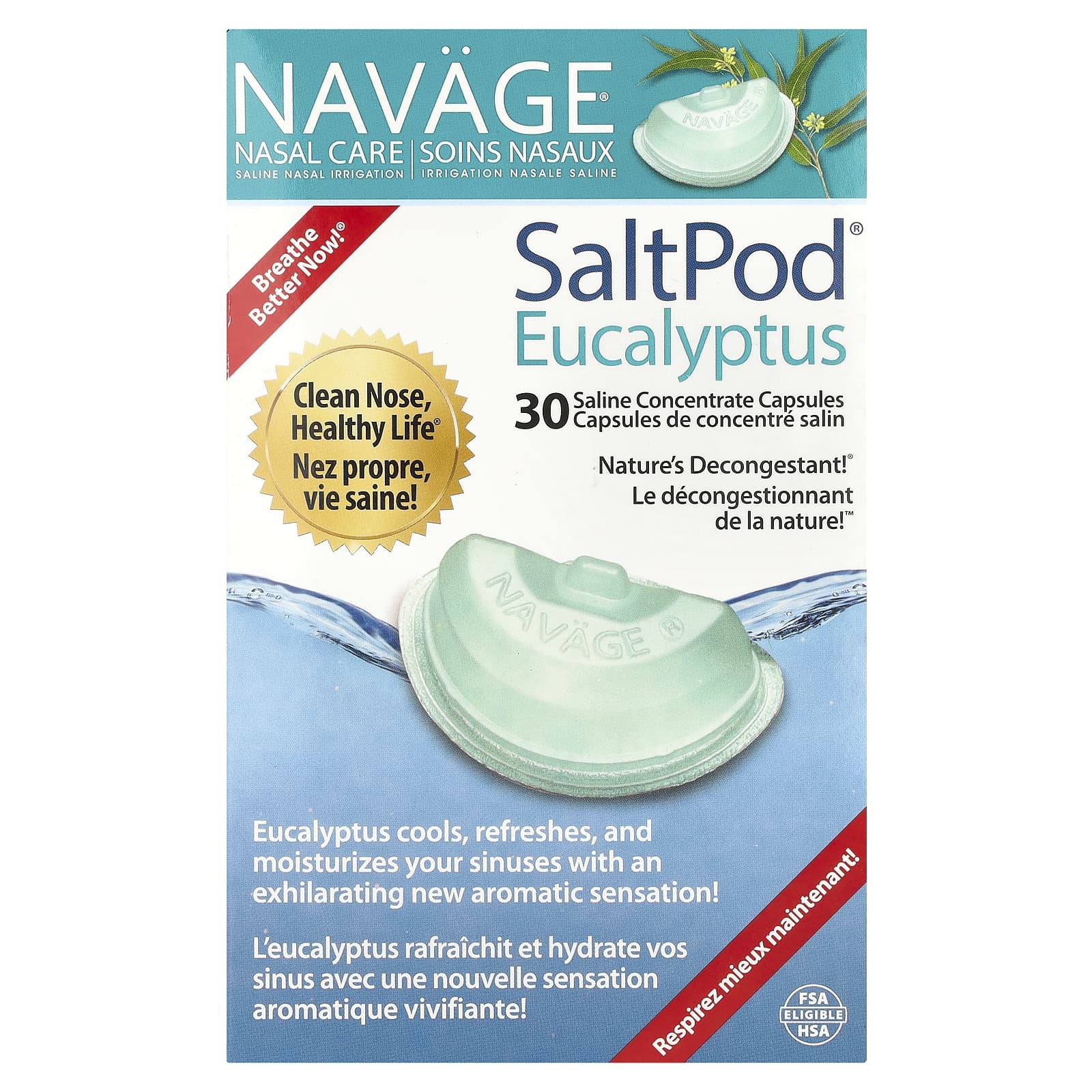 Navage, Nasal Care, Saline Nasal Irrigation, SaltPod® Eucalyptus, 30 Saline Concentrate Capsules - Image 1