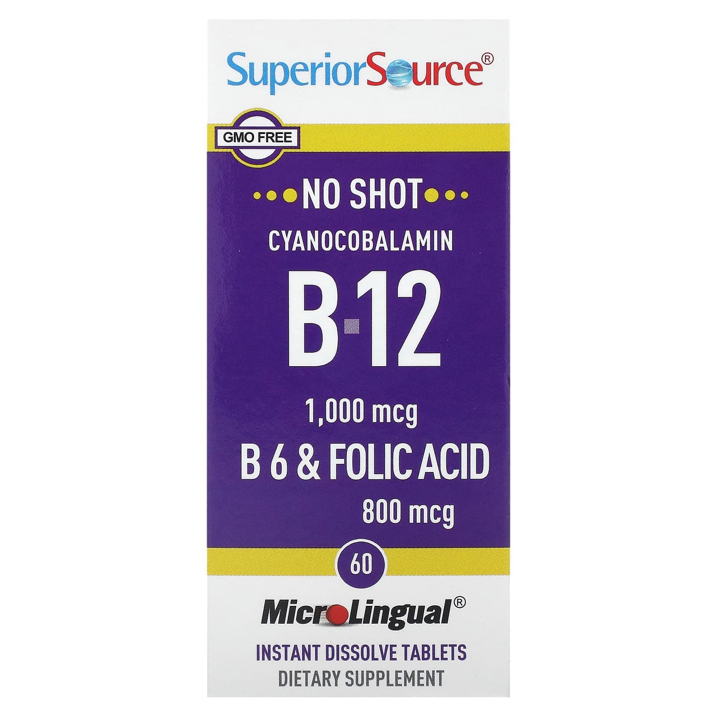 Superior Source, Cyanocobalamin B-12, B-6 & Folic Acid, 60 MicroLingual Instant Dissolve Tablets - Image 1