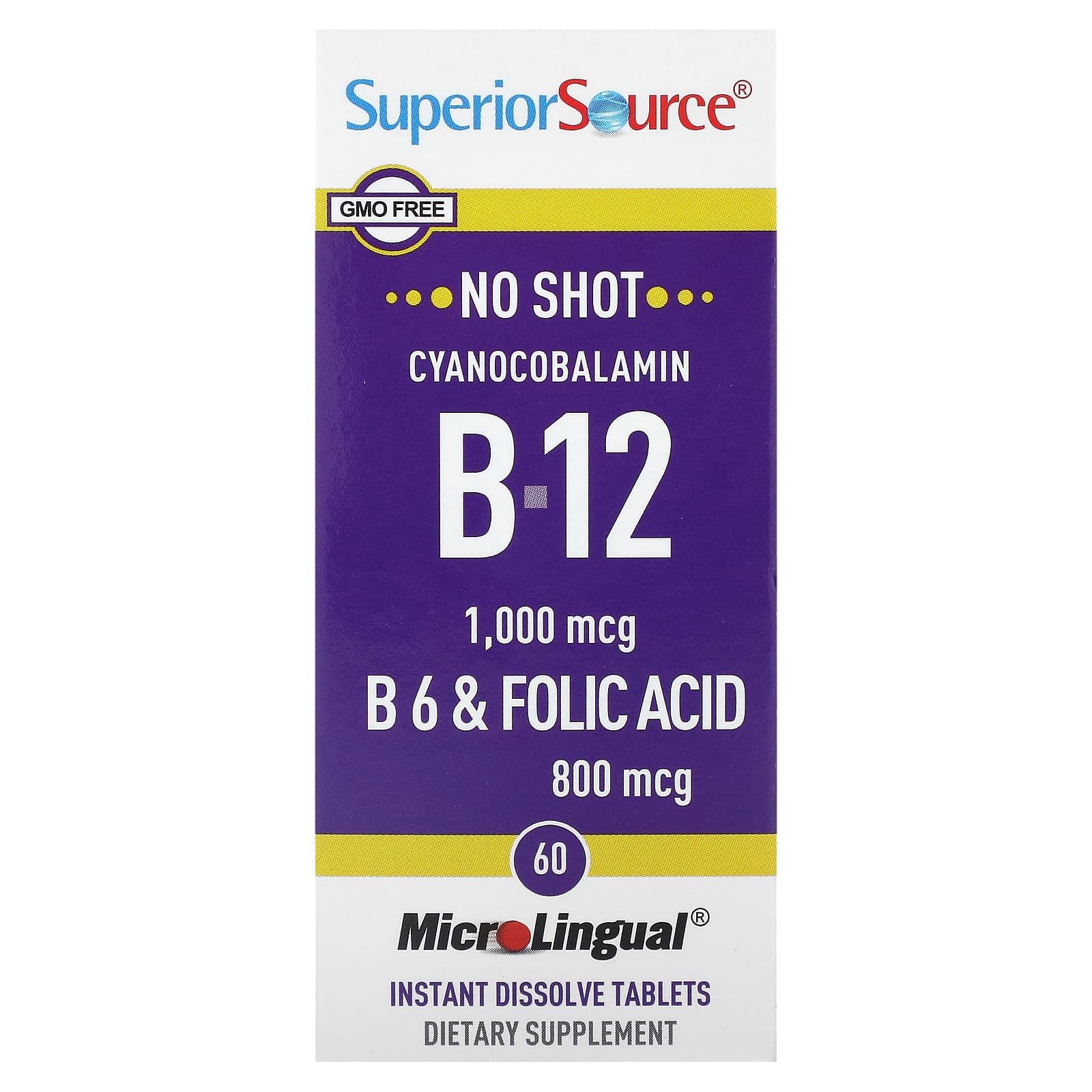 Superior Source, Cyanocobalamin B-12, B-6 & Folic Acid, 60 MicroLingual Instant Dissolve Tablets - Image 1