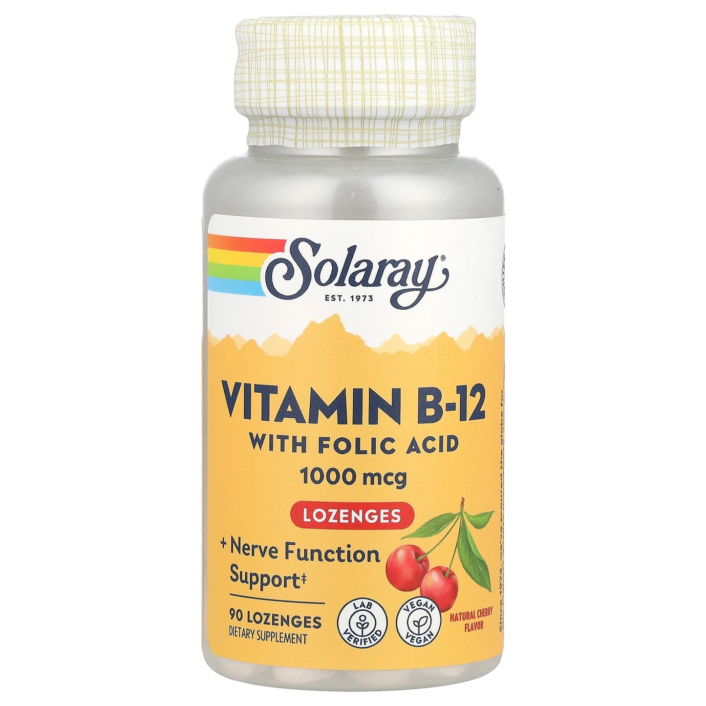 Solaray, Vitamin B-12 with Folic Acid Lozenges, Natural Cherry, 1,000 mg, 90 Lozenges - Image 1