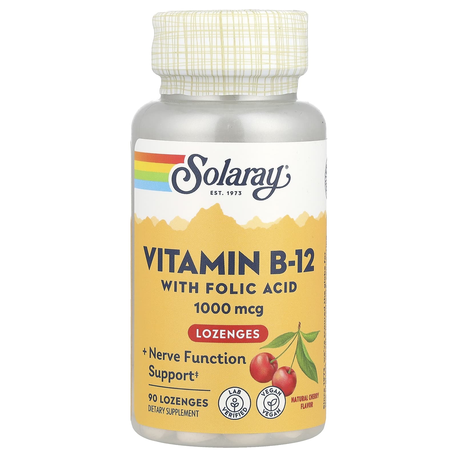 Solaray, Vitamin B-12 with Folic Acid Lozenges, Natural Cherry, 1,000 mg, 90 Lozenges - Image 1