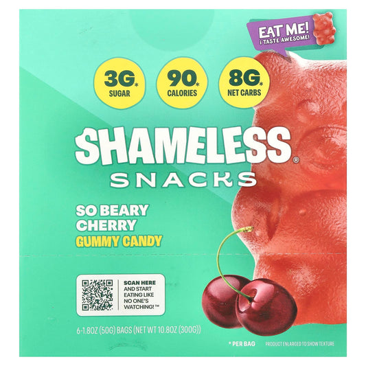 Shameless Snacks, Gummy Candy, So Beary Cherry, 6 Bags, 1.8 oz (50 g) Each - Image 1