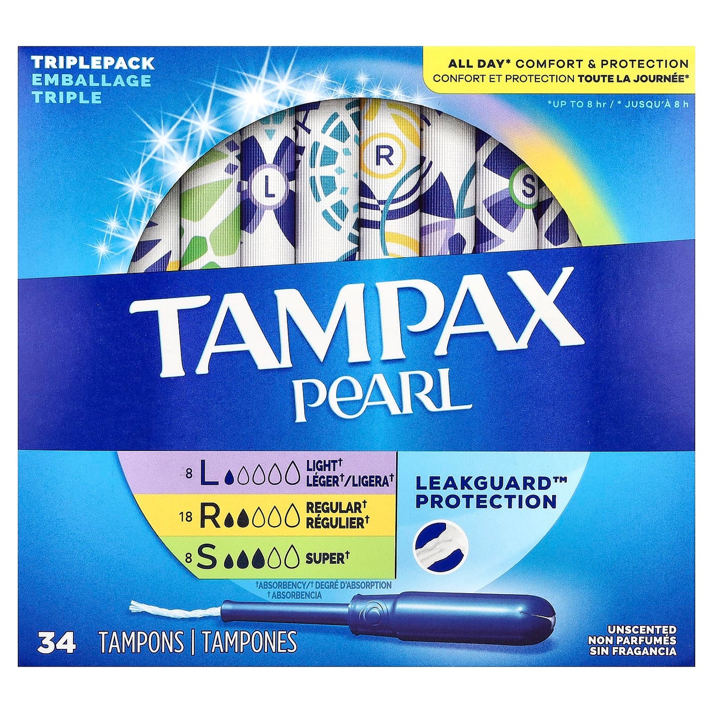 Tampax, Pearl Tampons, Triple Pack, Light/Regular/Super, Unscented, 34 Tampons - Image 1