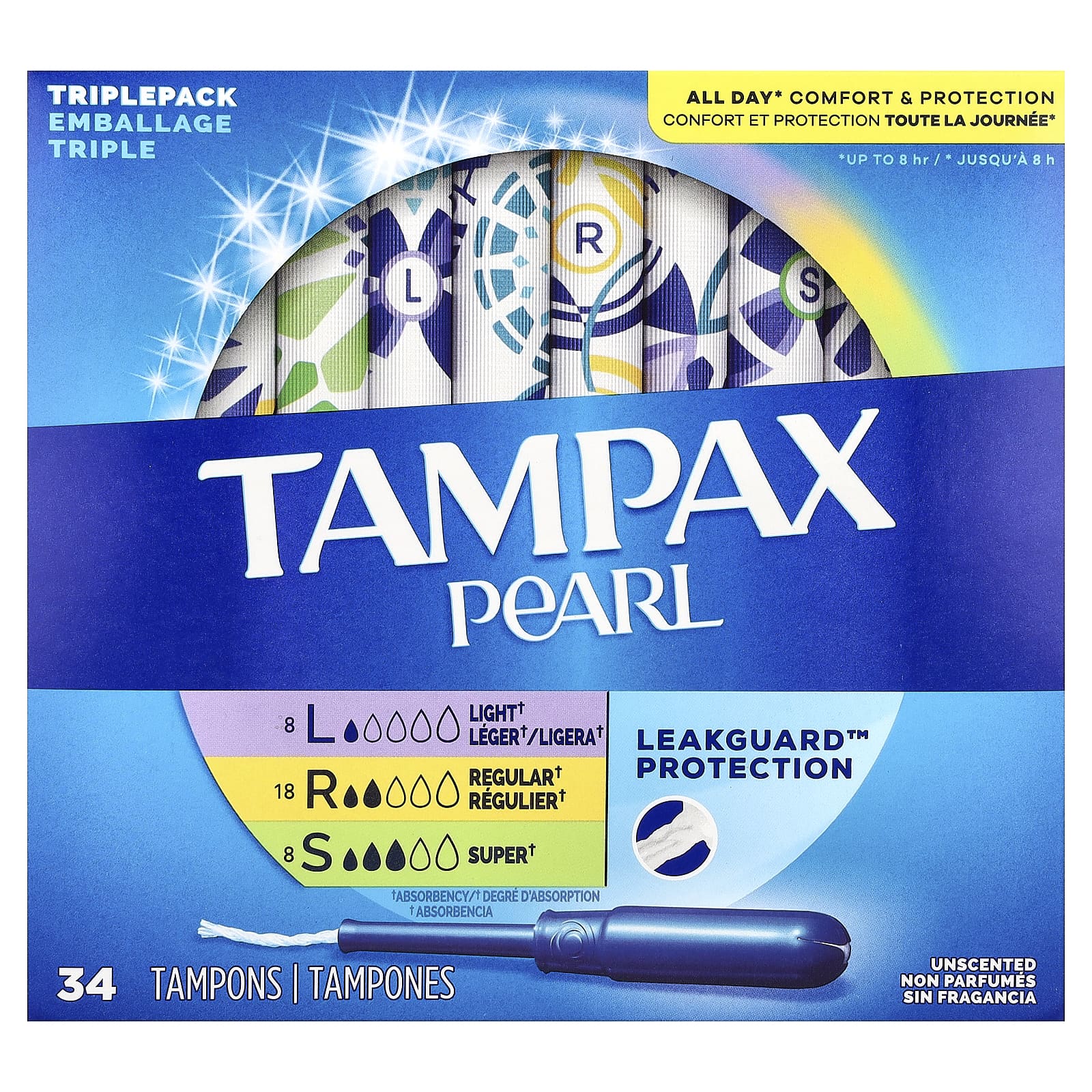 Tampax, Pearl Tampons, Triple Pack, Light/Regular/Super, Unscented, 34 Tampons - Image 1