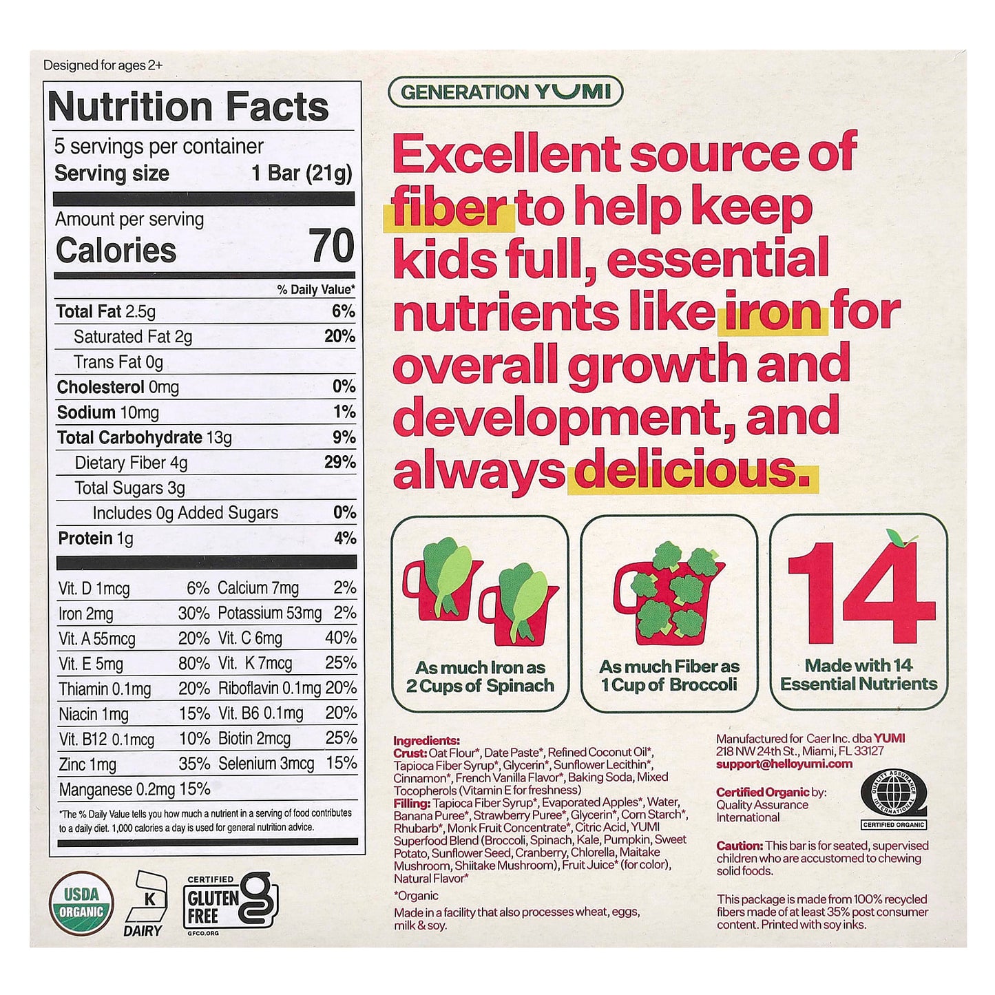 Yumi, Organic Bar, Toddler, Strawberry & Rhubarb, 5 Bars, 0.74 oz (21 g) Each - Image 2