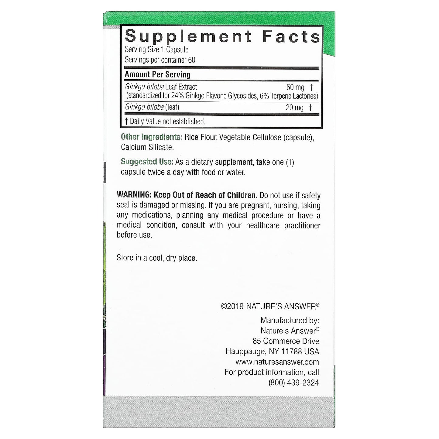 Nature's Answer, Standardized Ginkgo, 80 mg , 60 Vegetarian Capsules - Image 2