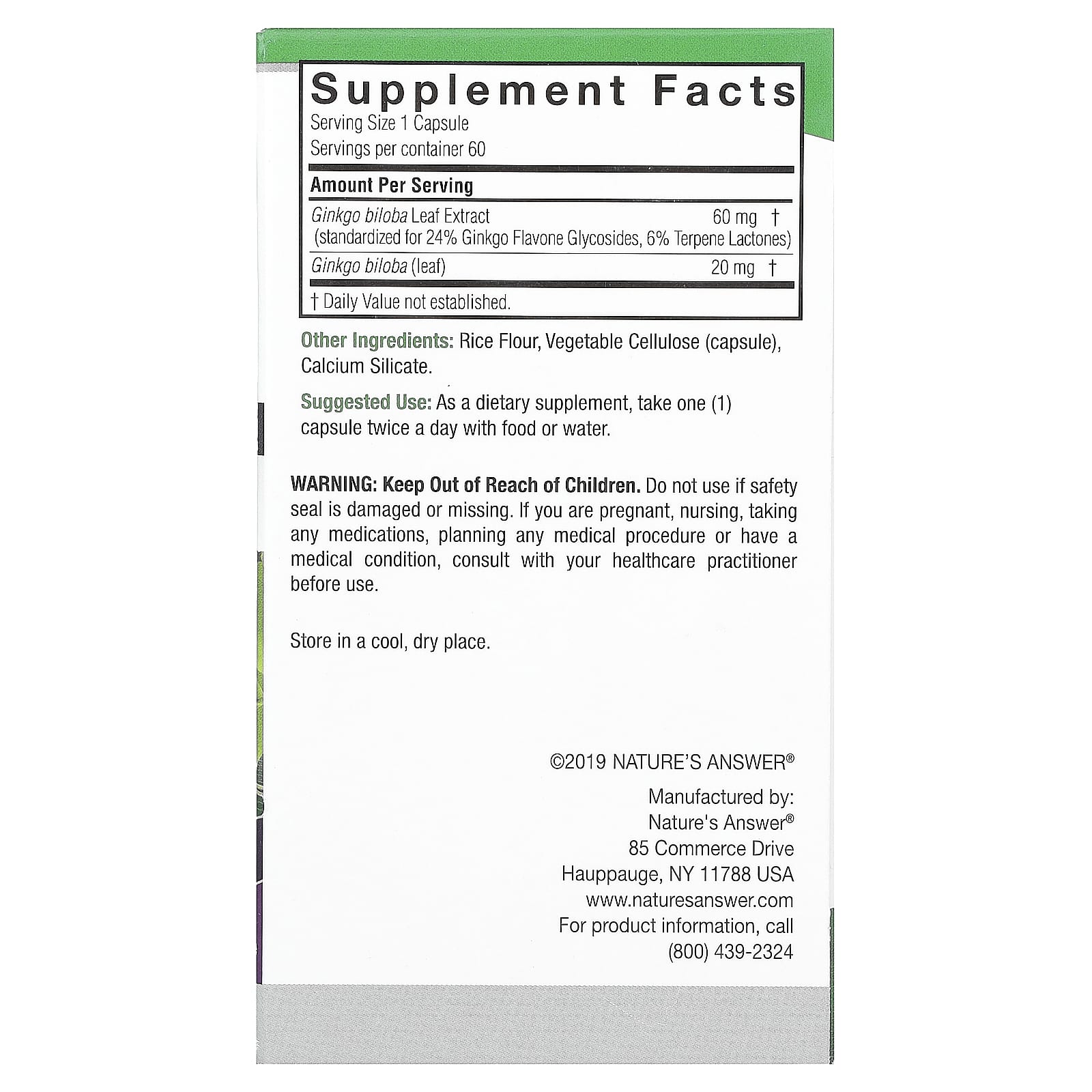 Nature's Answer, Standardized Ginkgo, 80 mg , 60 Vegetarian Capsules - Image 2