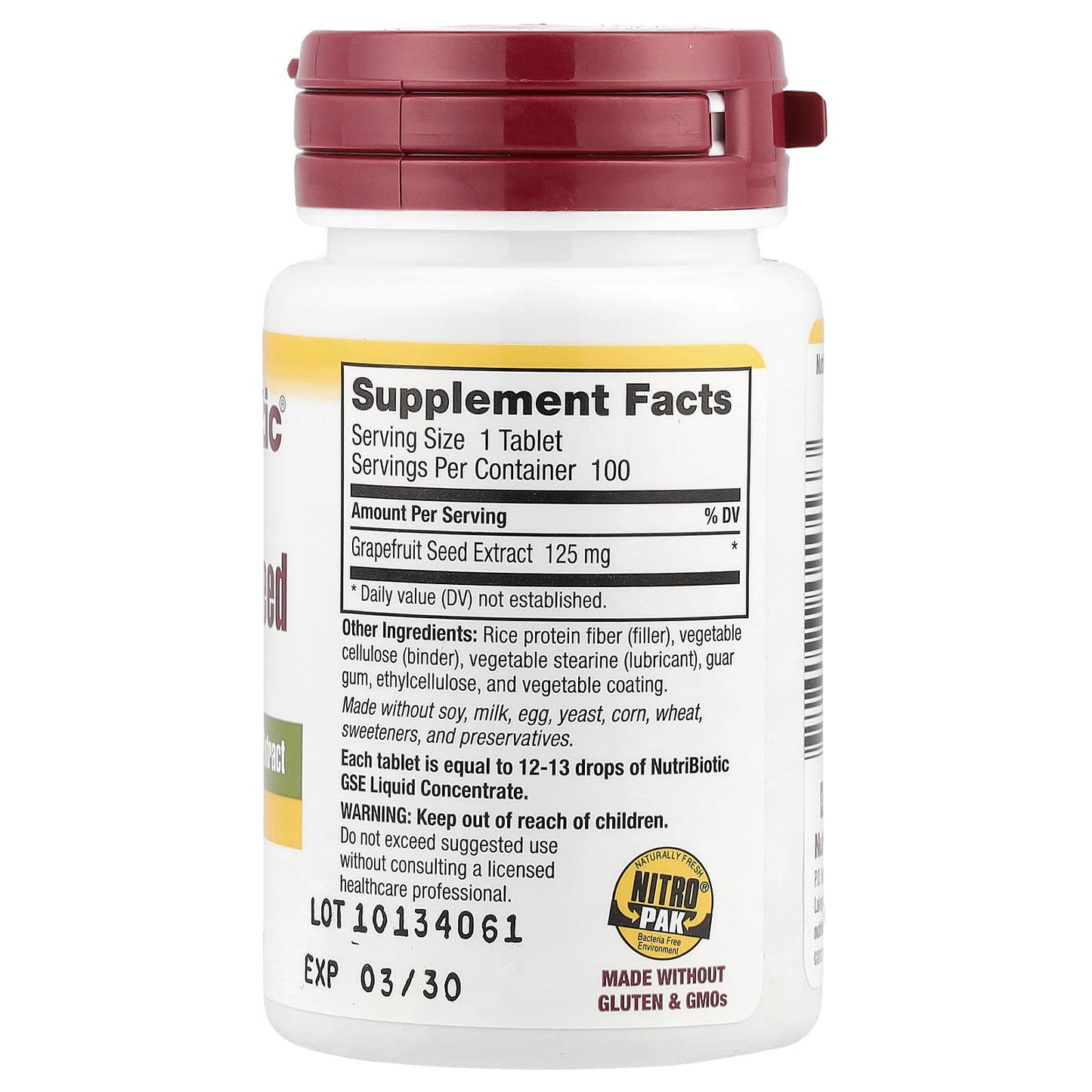 NutriBiotic, Grapefruit Seed Extract, High Potency, 125 mg, 100 Tablets - Image 2
