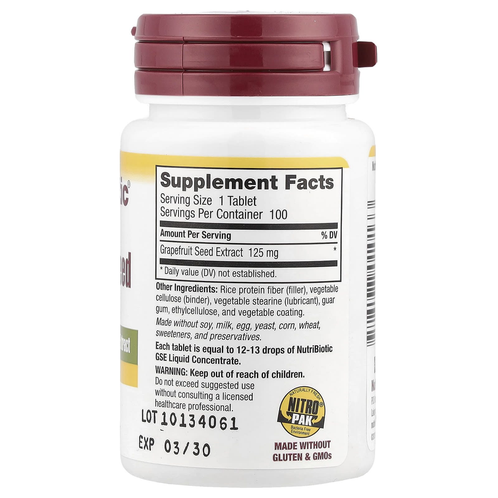 NutriBiotic, Grapefruit Seed Extract, High Potency, 125 mg, 100 Tablets - Image 2