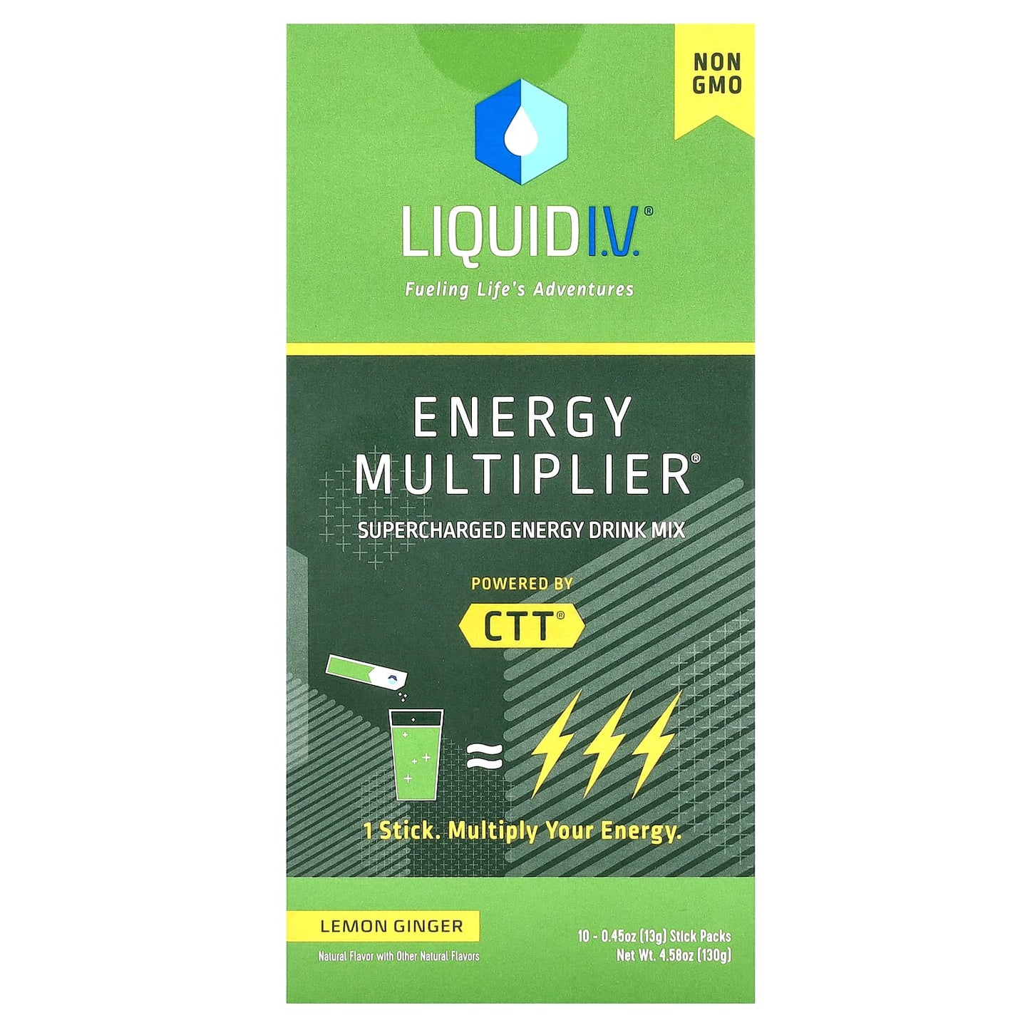 Liquid I.V., Energy Multiplier, Supercharged Energy Drink Mix, Lemon Ginger, 10 Stick Packs, 0.45 oz (13 g) Each - Image 1