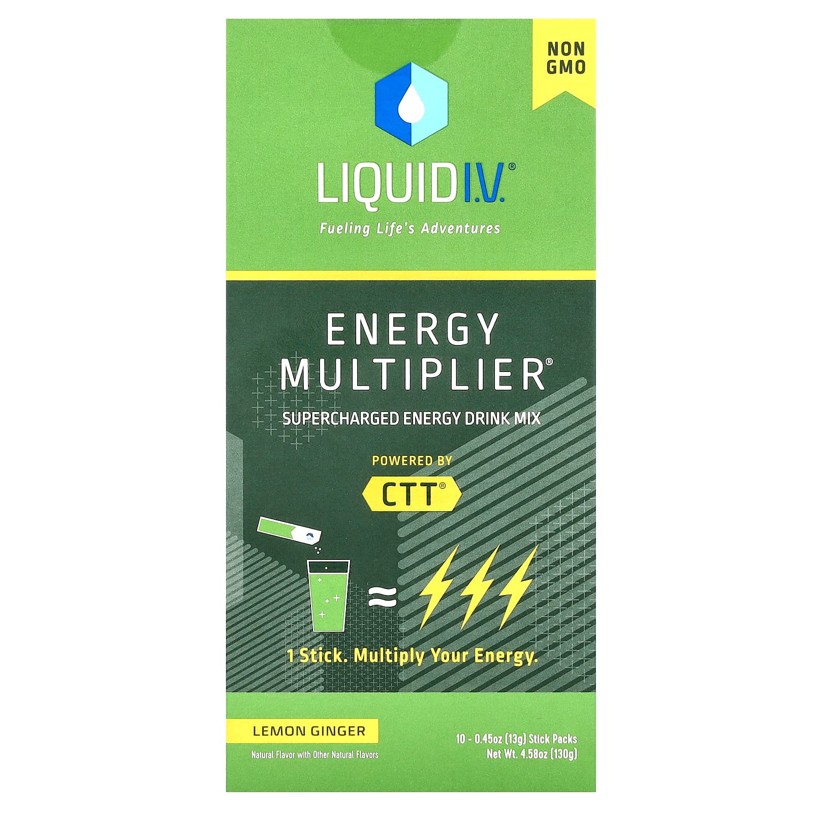 Liquid I.V., Energy Multiplier, Supercharged Energy Drink Mix, Lemon Ginger, 10 Stick Packs, 0.45 oz (13 g) Each - Image 1