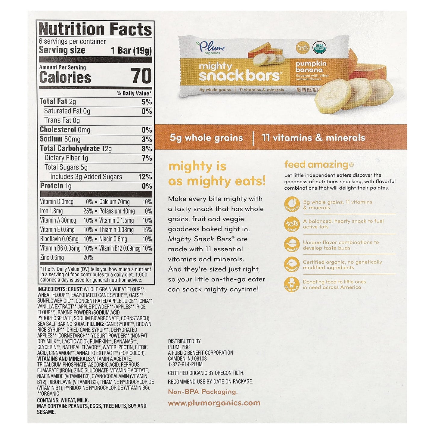 Plum Organics, Mighty Snack Bars, Tots, Pumpkin Banana, 6 Bars, 0.67 oz (19 g) Each - Image 2