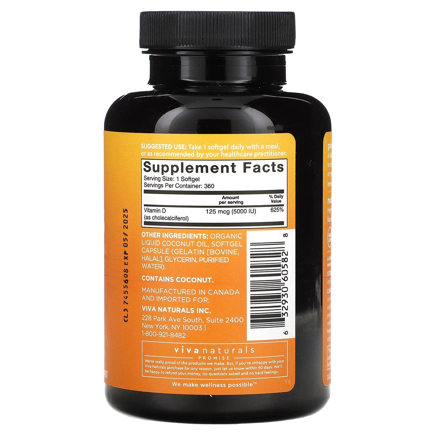 Viva Naturals, Vitamin D3 with Organic Liquid Coconut Oil, High-Potency, 5,000 IU, 360 Softgels - Image 2