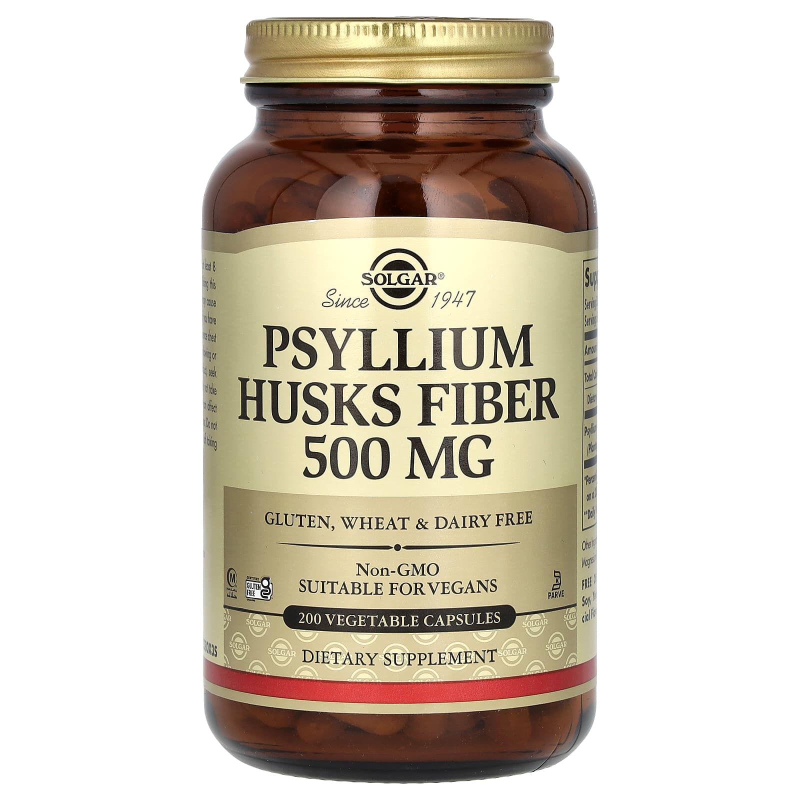 Solgar, Psyllium Husks Fiber, 200 Vegetable Capsules (500 mg per Capsule) - Image 1