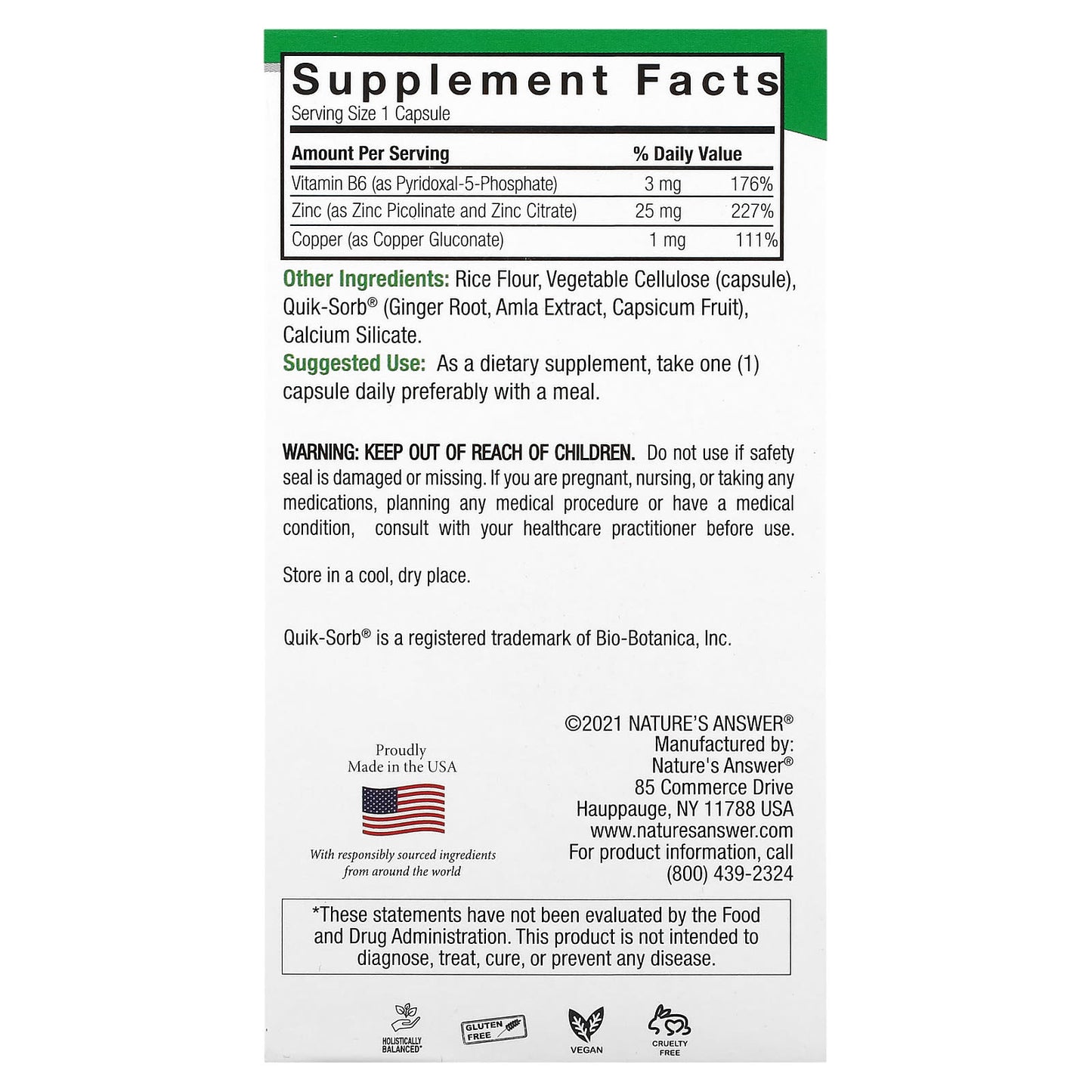 Nature's Answer, Zinc Plus, 25 mg, 60 Vegetarian Capsules - Image 2