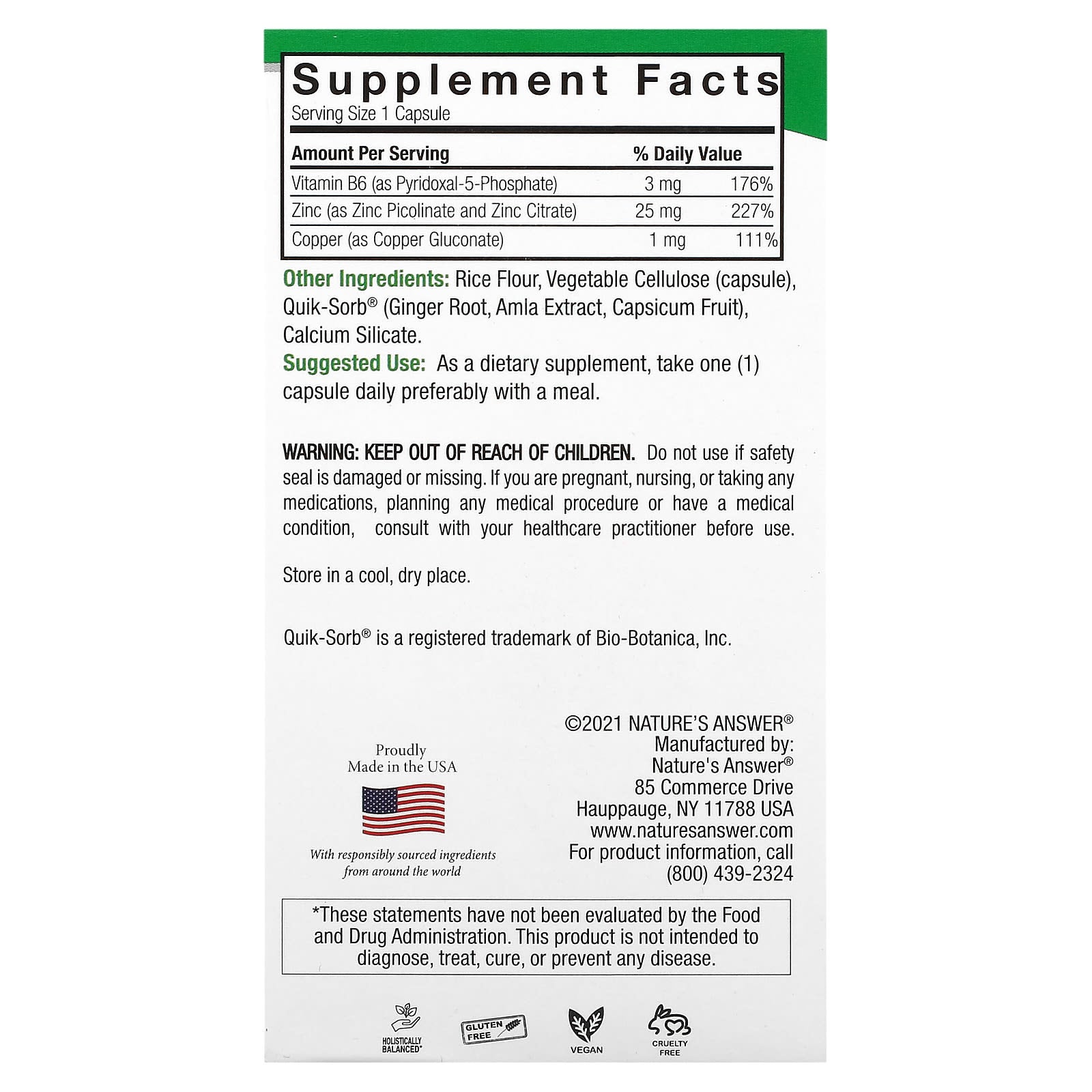 Nature's Answer, Zinc Plus, 25 mg, 60 Vegetarian Capsules - Image 2