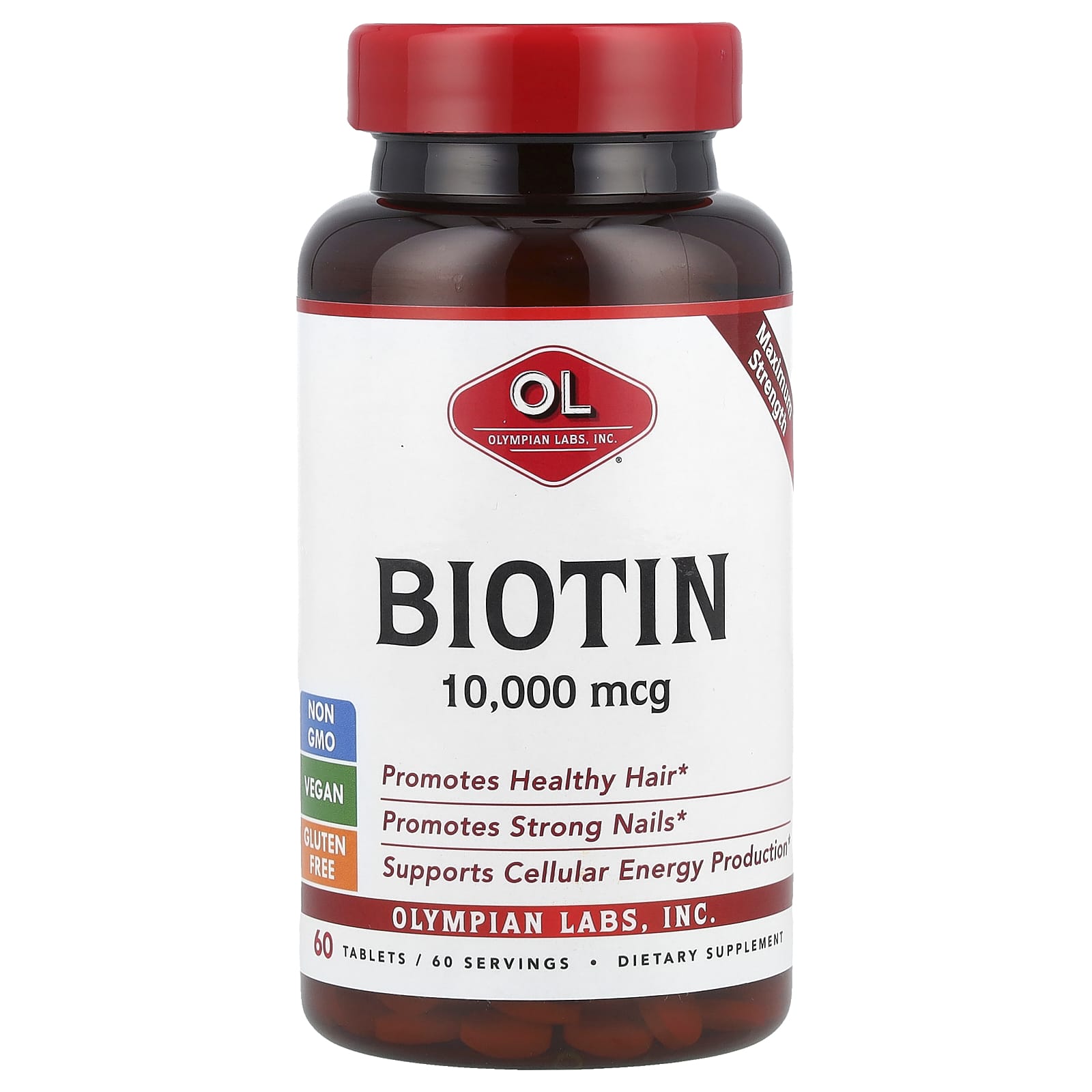 Olympian Labs, Biotin, Maximum Strength, 10,000 mcg, 60 Tablets - Image 1