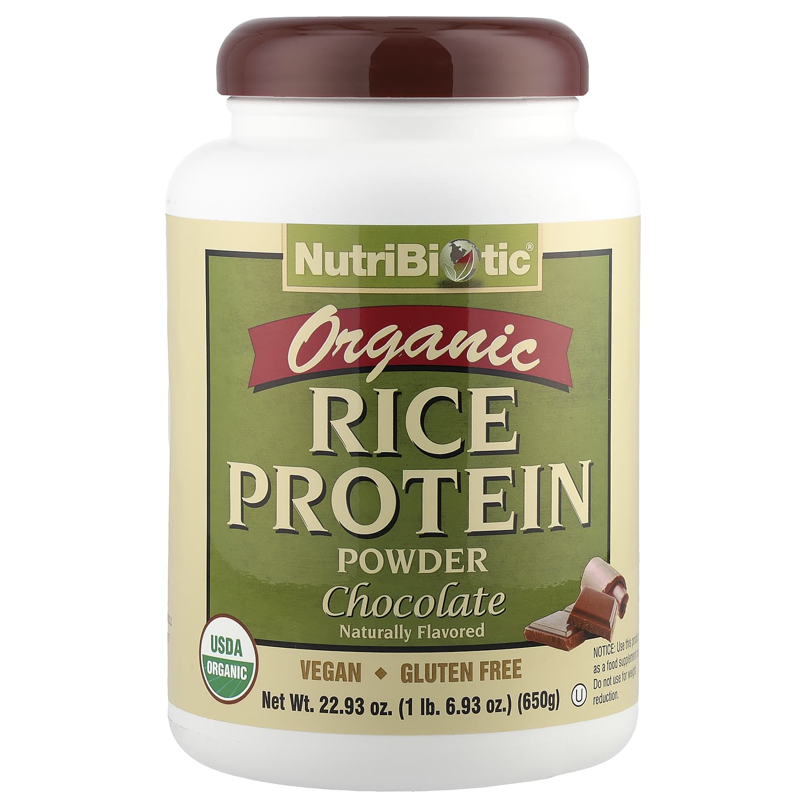 NutriBiotic, Organic Rice Protein Powder, Chocolate, 1 lb 6.93 oz (650 g) - Image 1