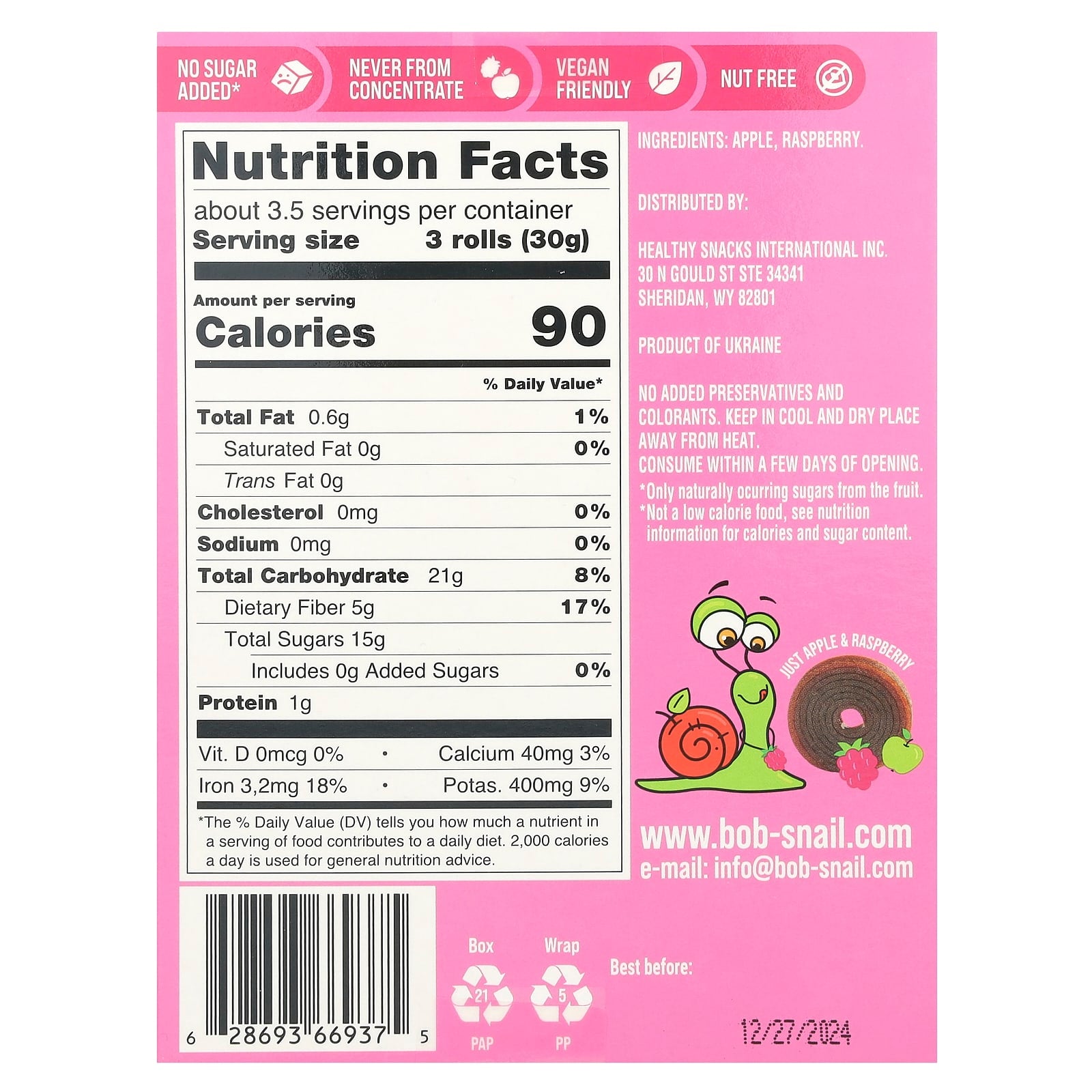 Vegan Apple-Raspberry Fruit Rolls | Bob Snail | 10 Pouches | 0.35 oz Each - Image 2