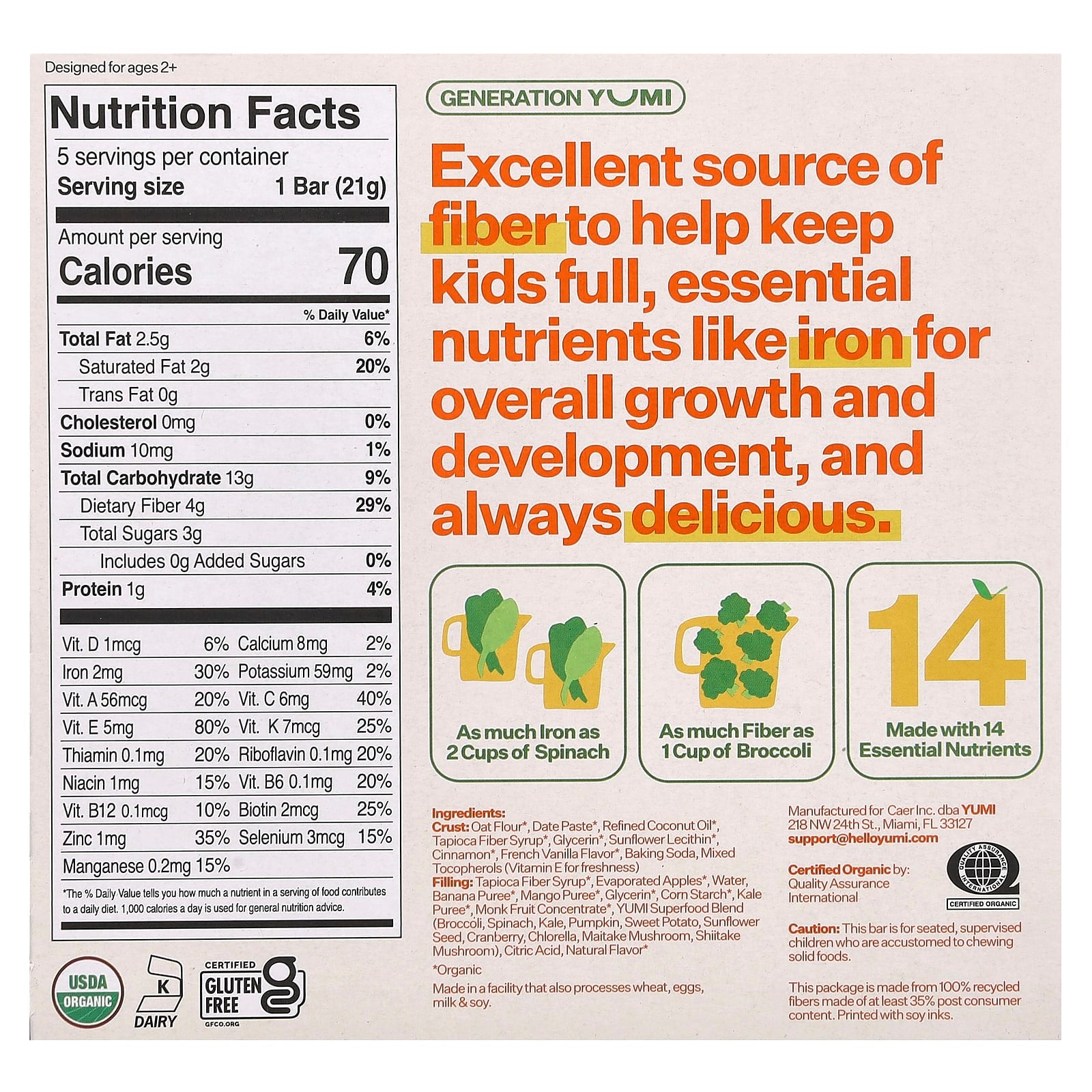 Yumi, Organic Bar, Toddler, Mango & Kale, 5 Bars, 0.74 oz (21 g) Each - Image 2