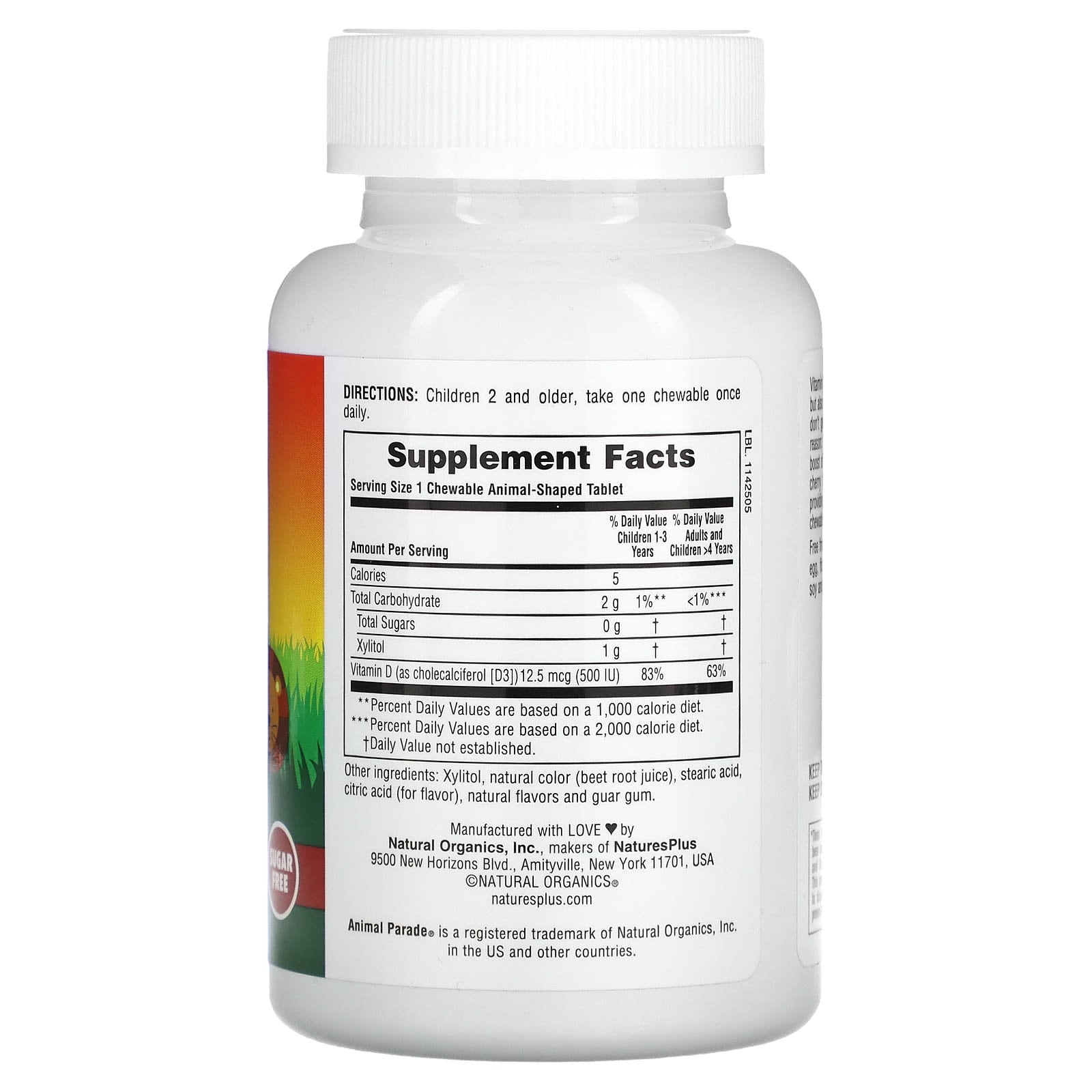 NaturesPlus, Animal Parade, Vitamin D3, Sugar Free, Black Cherry, 12.5 mcg (500 IU), 90 Animal-Shaped Tablets