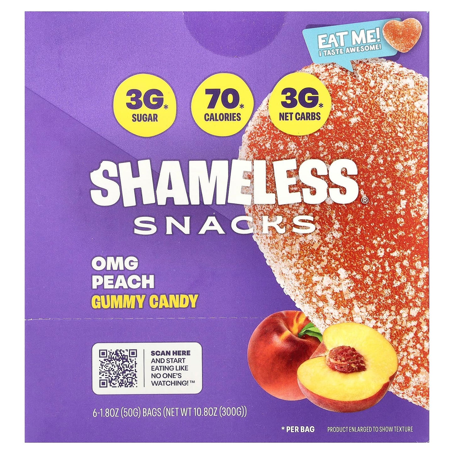 Shameless Snacks, Gummy Candy, OMG Peach, 6 Bags, 1.8 oz (50 g) Each - Image 1