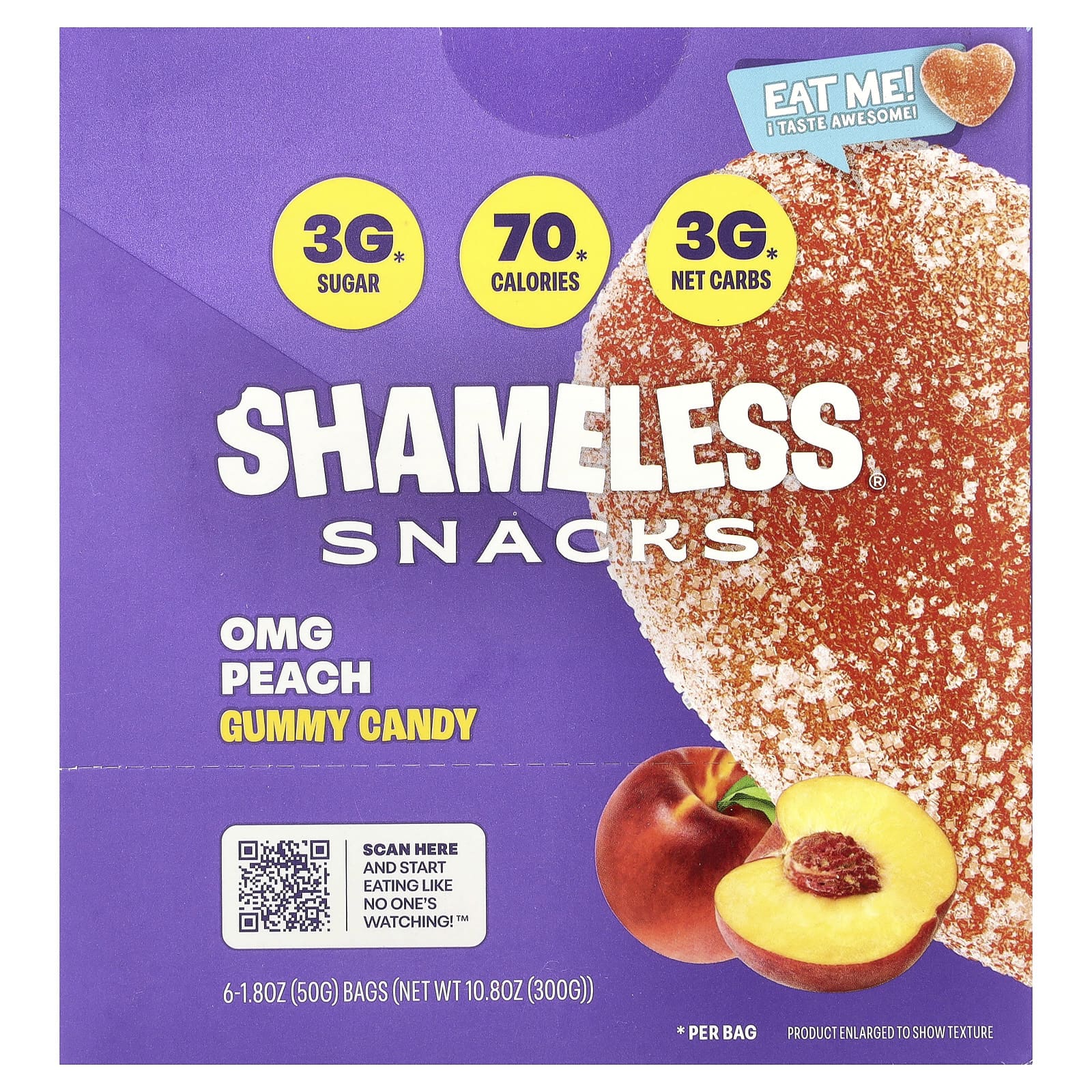 Shameless Snacks, Gummy Candy, OMG Peach, 6 Bags, 1.8 oz (50 g) Each - Image 1