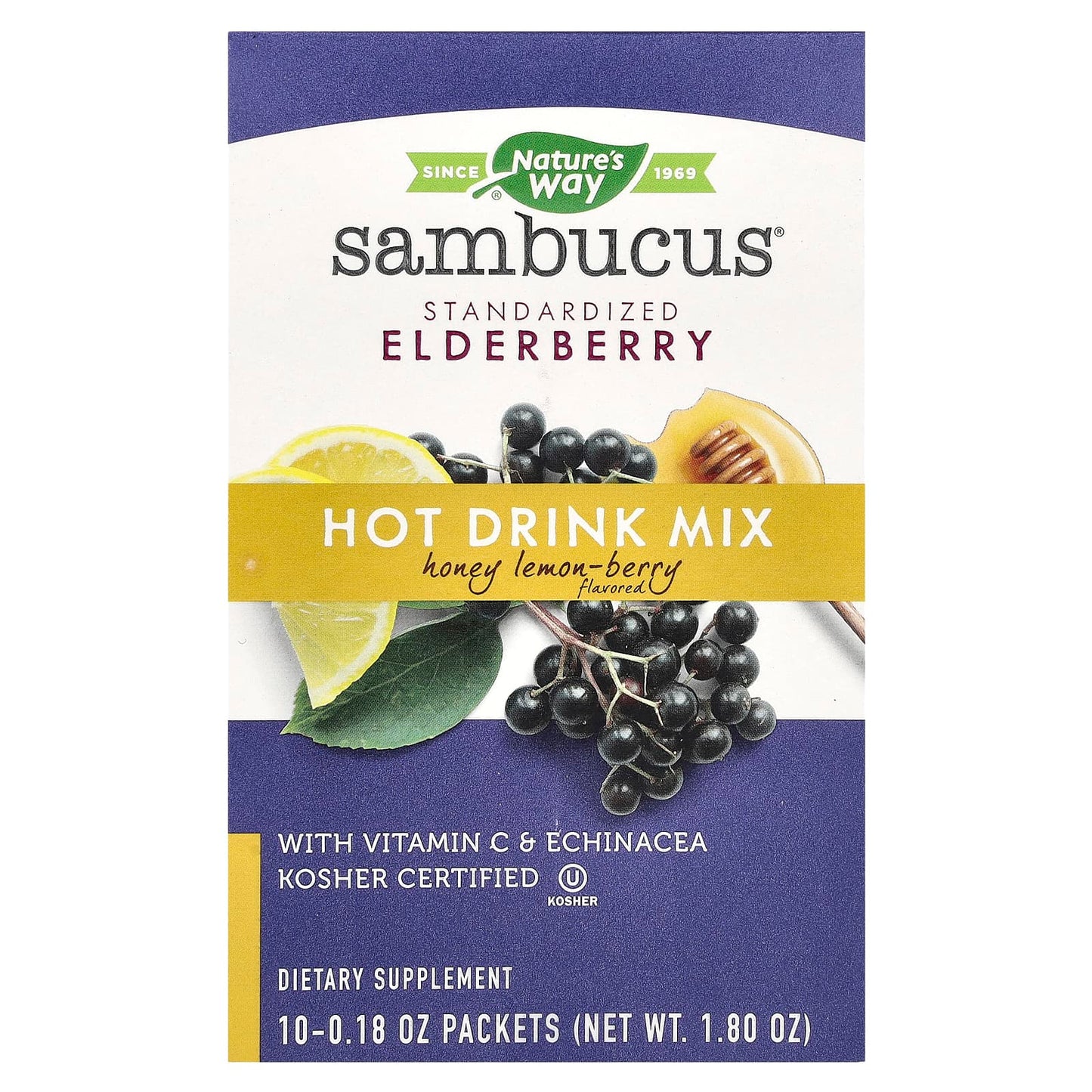 Nature's Way, Sambucus®, Hot Drink Mix, Standardized Elderberry, Honey Lemon-Berry, 10 Packets, 0.18 oz Each - Image 1