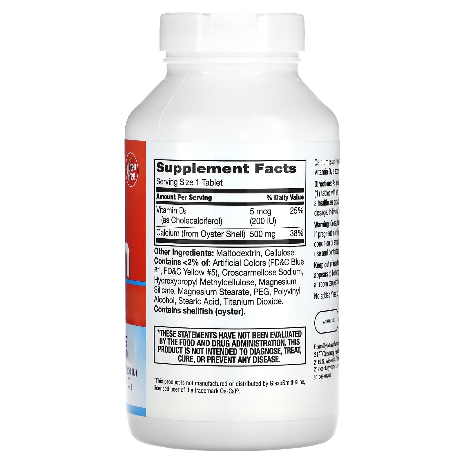 Calcium 500 + D3 Supplement for Strong Bones - 400 Tablets by 21st Century - Image 2