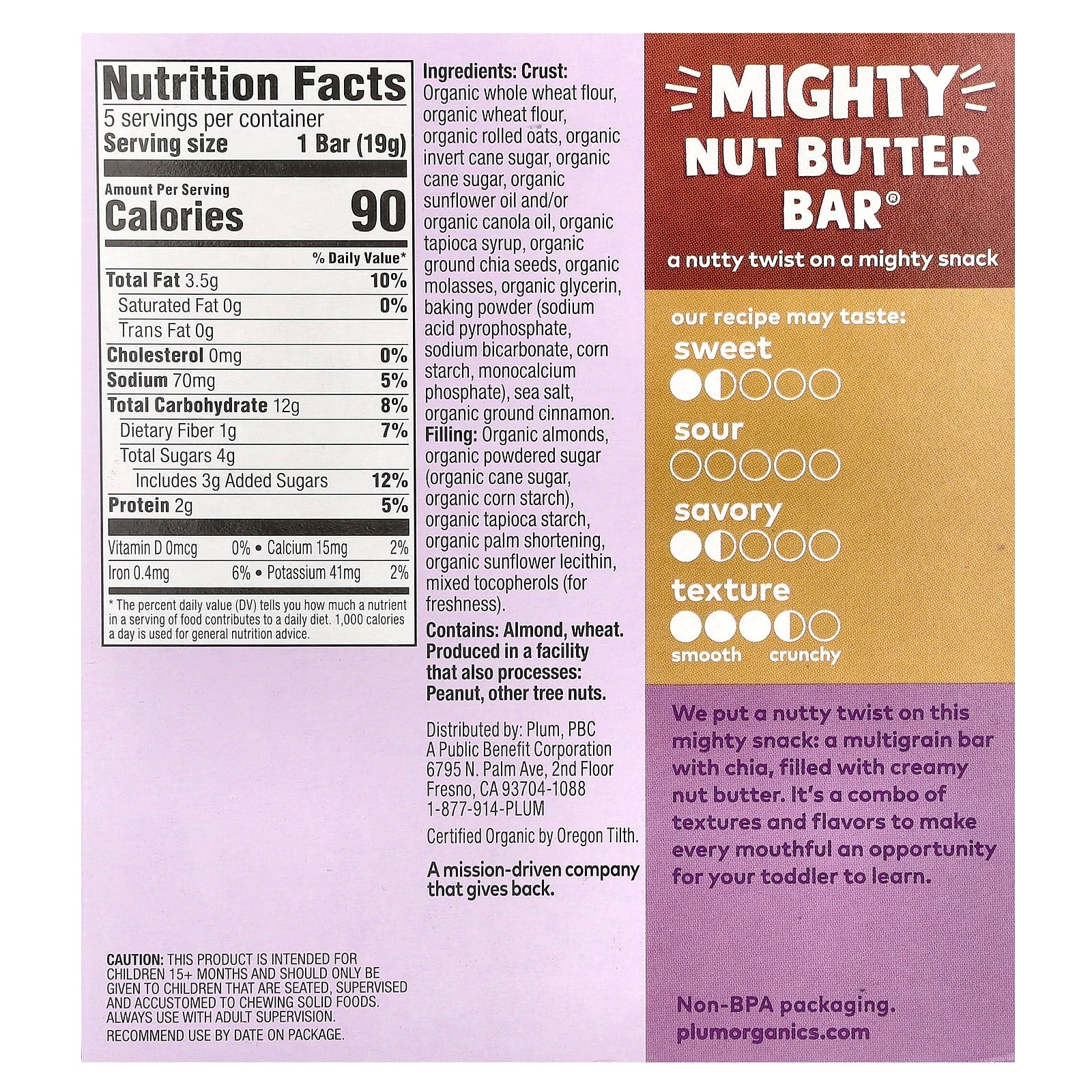 Plum Organics, Mighty Nut Butter Bar®, 15+ Months, Almond Butter, 5 Bars, 0.67 oz (19 g) Each - Image 2