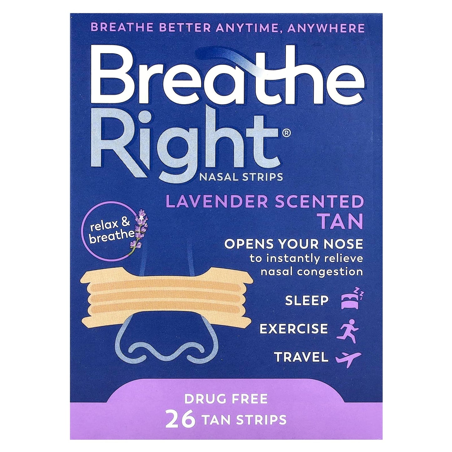 Breathe Right Nasal Strips, Lavender, 26 Strips for Instant Relief - Image 1