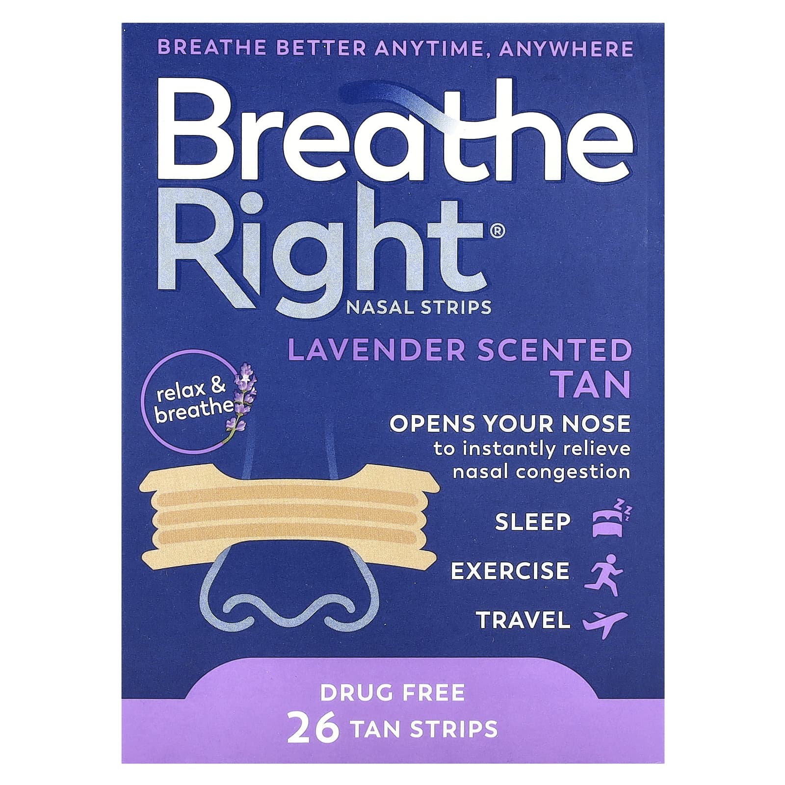 Breathe Right Nasal Strips, Lavender, 26 Strips for Instant Relief - Image 1
