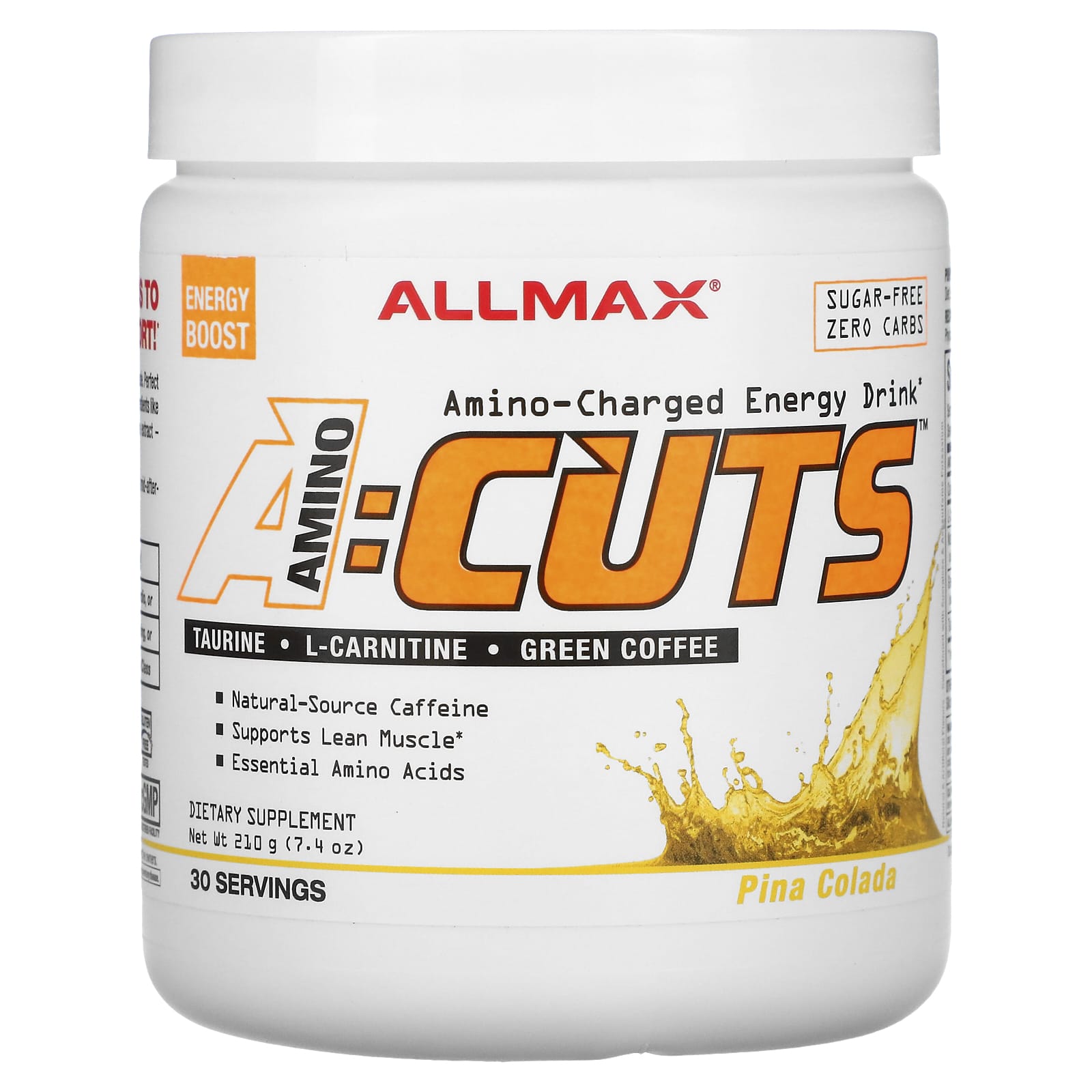 ALLMAX Amino-Charged Energy Drink, Pina Colada, 7.4 oz (210g) - Sugar-Free & Lean Muscle Support - Image 1