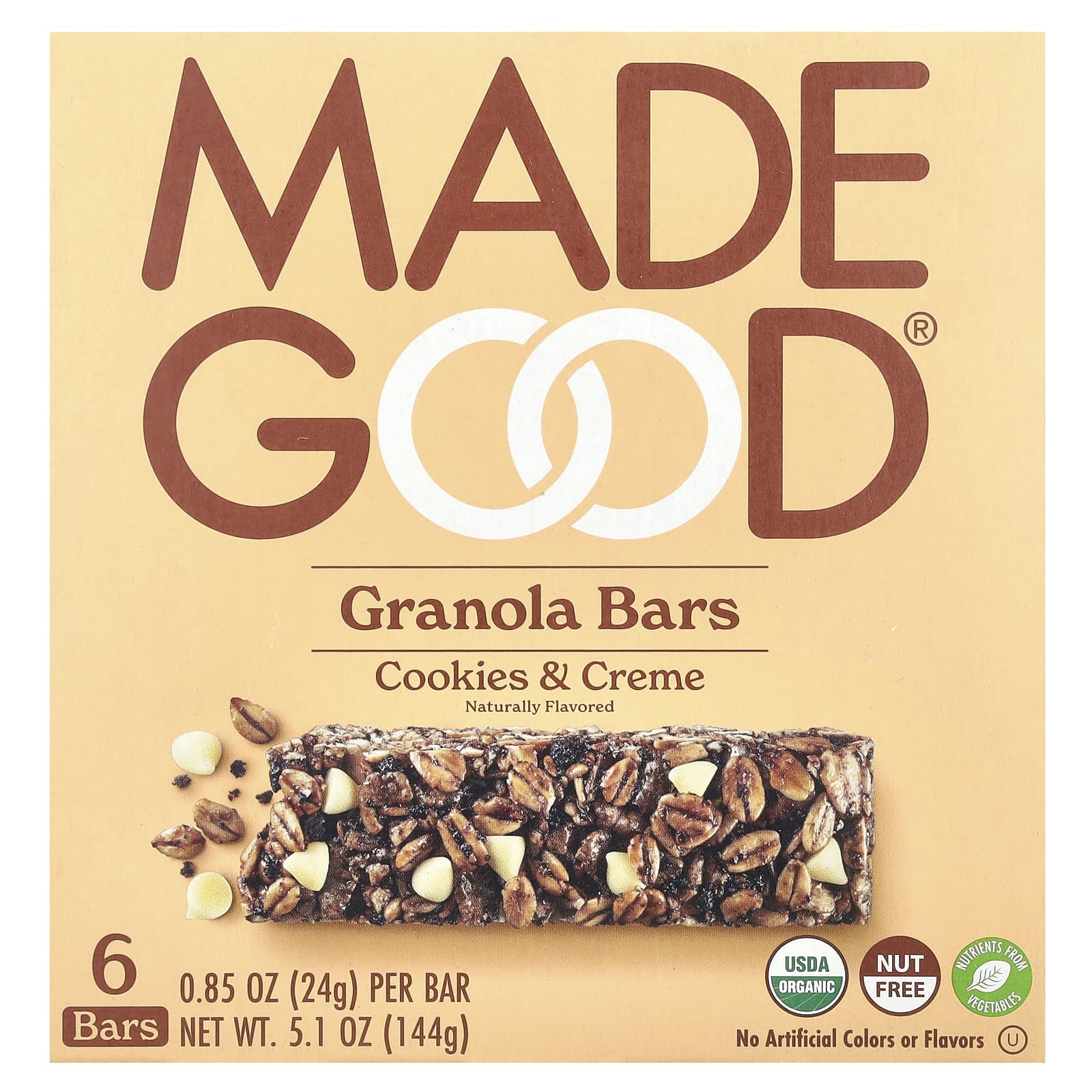 MadeGood, Granola Bars, Cookies & Crème, 6 Bars, 0.85 oz (24 g) Each - Image 1