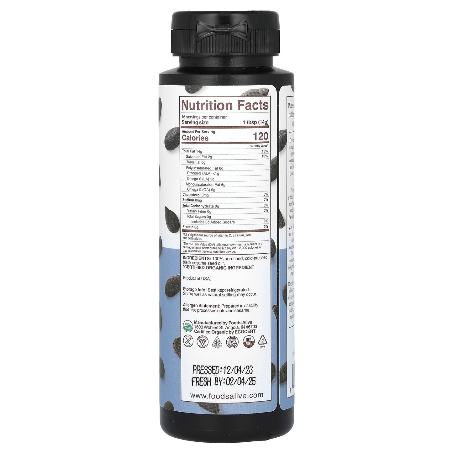 Organic Black Sesame Oil - Cold-Pressed, USDA Certified Vegan - Image 2