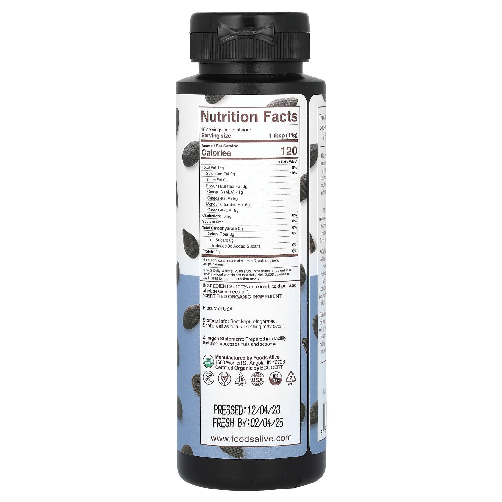 Organic Black Sesame Oil - Cold-Pressed, USDA Certified Vegan - Image 2