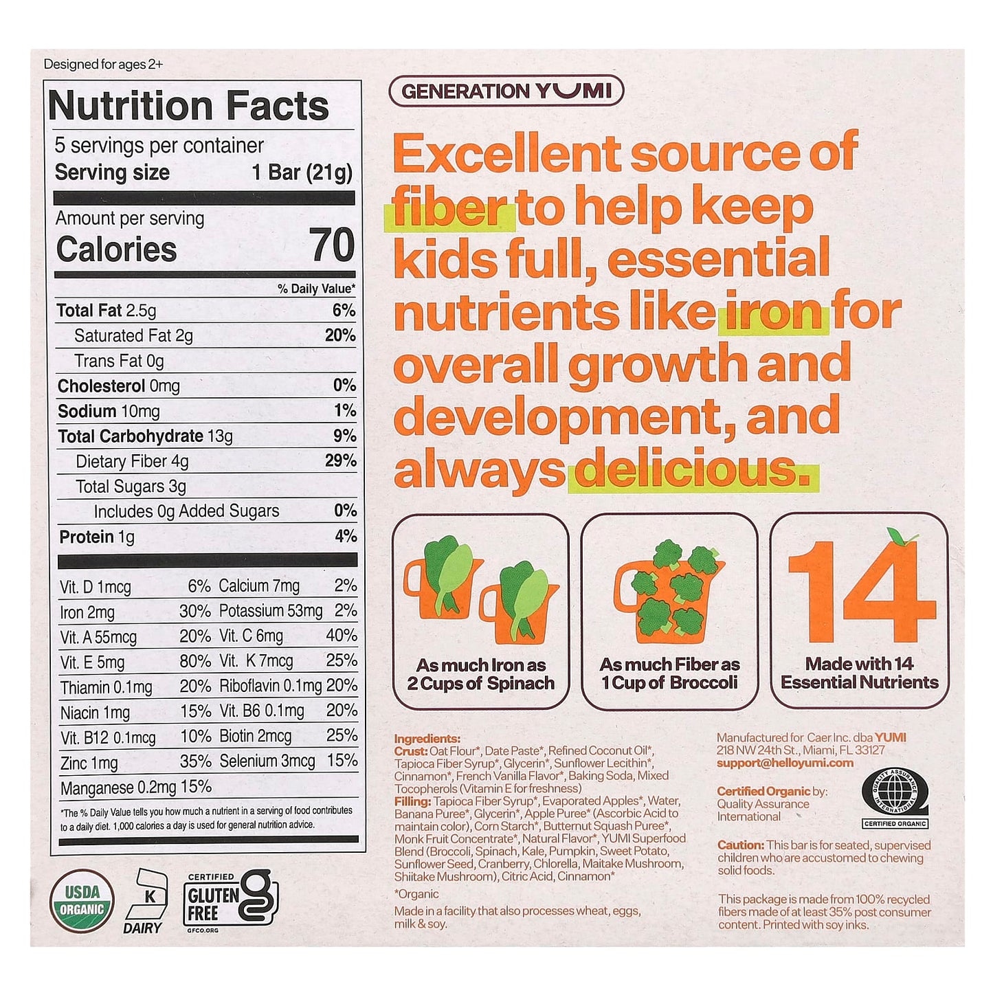 Yumi, Organic Bar, Toddler, Apple Cinnamon & Squash, 5 Bars, 0.74 oz (21 g) Each - Image 2