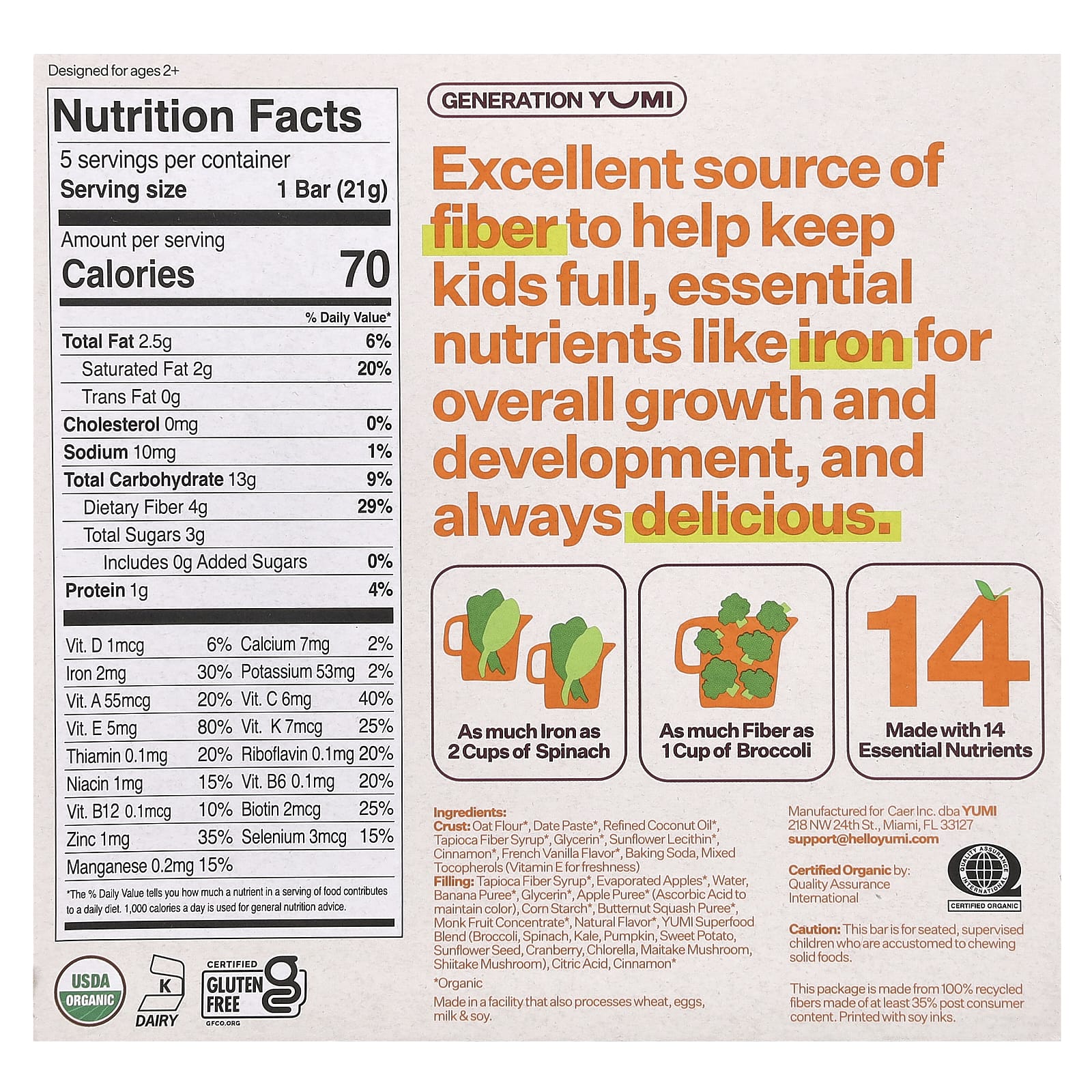 Yumi, Organic Bar, Toddler, Apple Cinnamon & Squash, 5 Bars, 0.74 oz (21 g) Each - Image 2