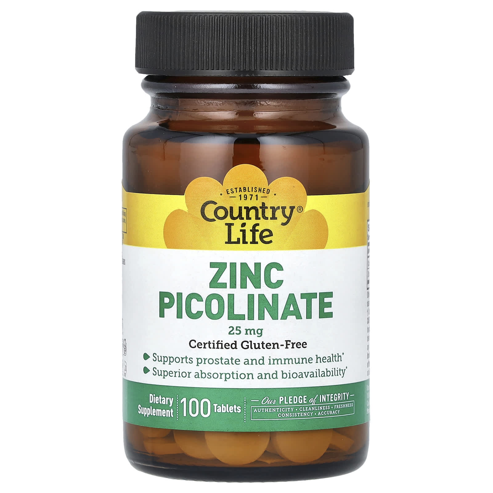 Country Life Zinc Picolinate 25mg, Gluten-Free, 100 Tablets - Image 1