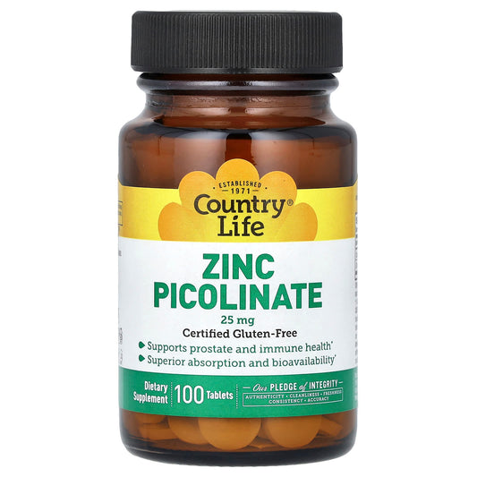 Country Life Zinc Picolinate 25mg, Gluten-Free, 100 Tablets - Image 1