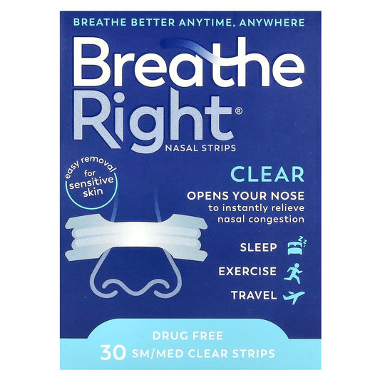 Breathe Right Nasal Strips for Sensitive Skin - Clear, 30 Strips - Image 1