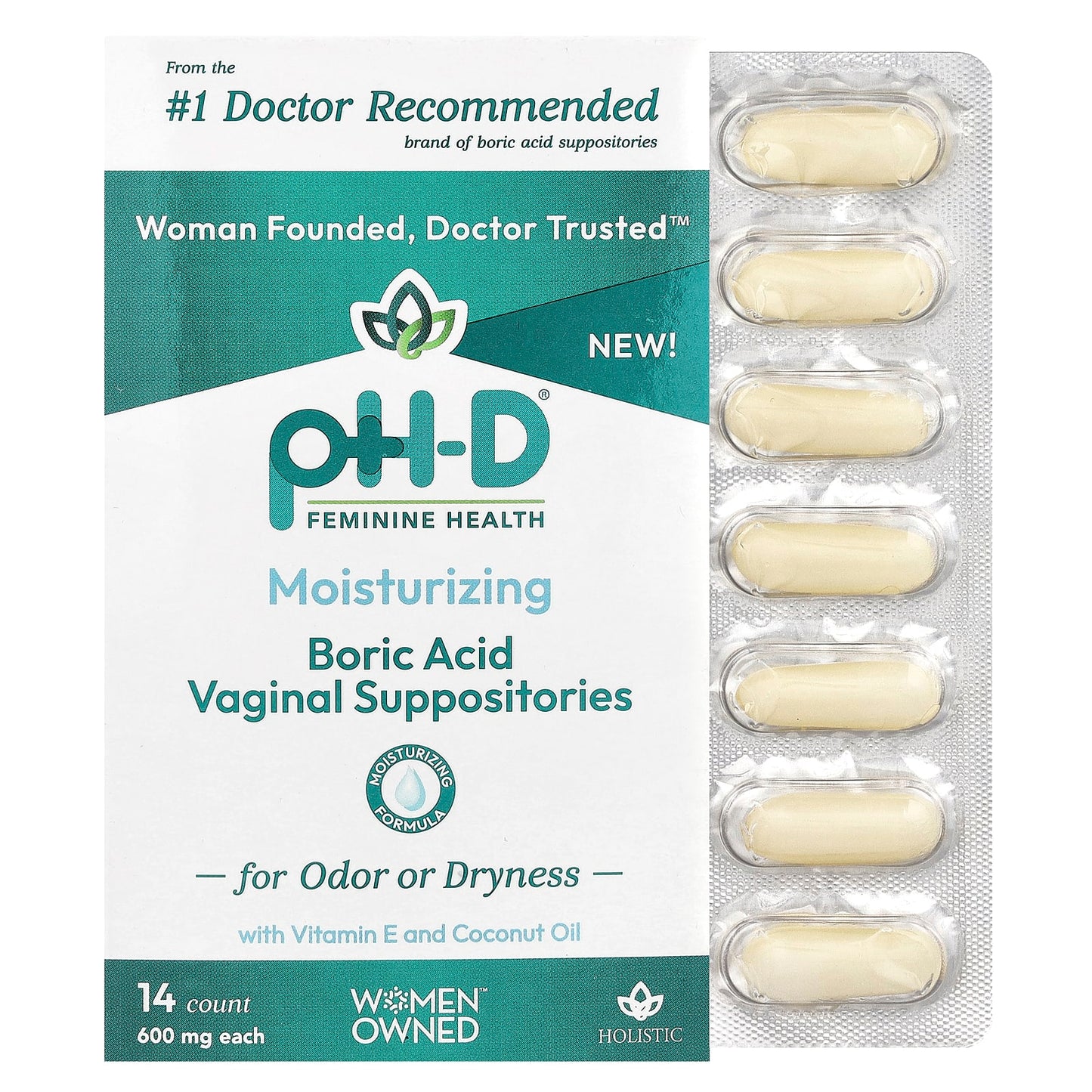 pH-D Feminine Health, Boric Acid, Vaginal Suppositories, 600 mg, 14 count - Image 1